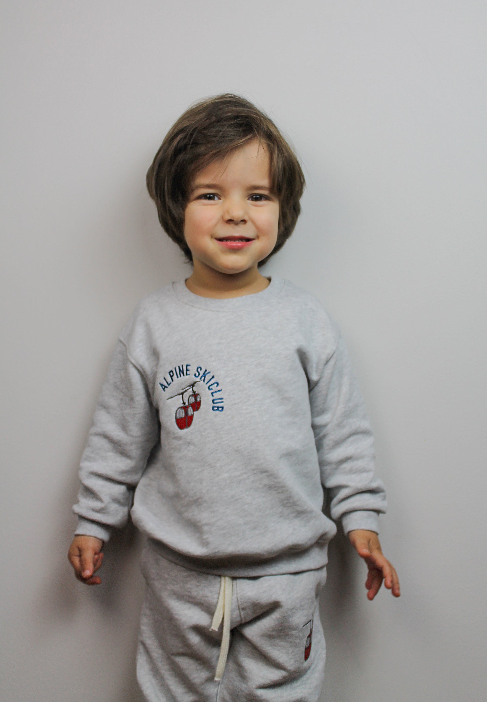 Alpine red cable car design on grey kids' organic cotton sweatshirt