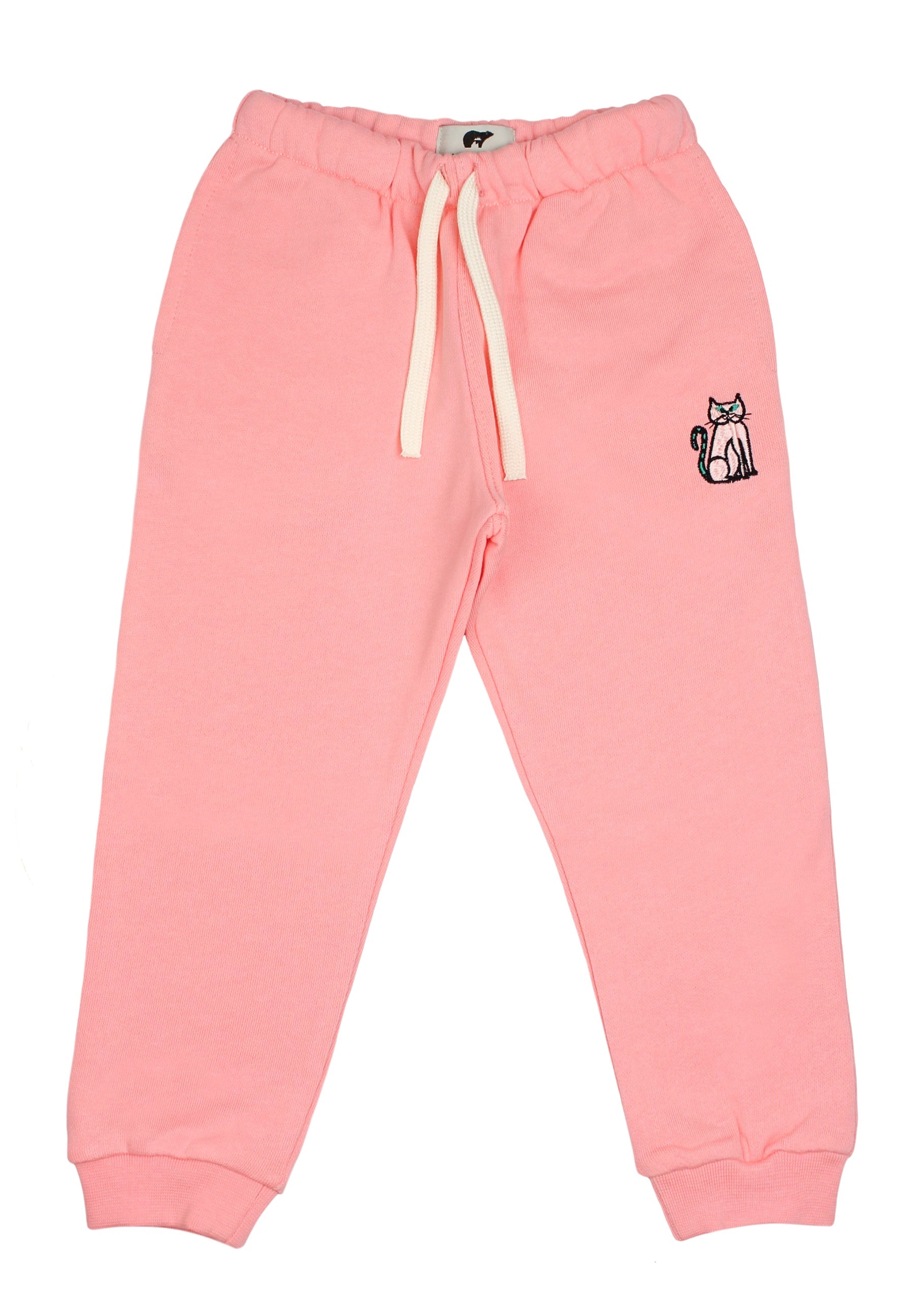 Slopes and Town Kids pink organic cotton sweatpants with embroidered cat design