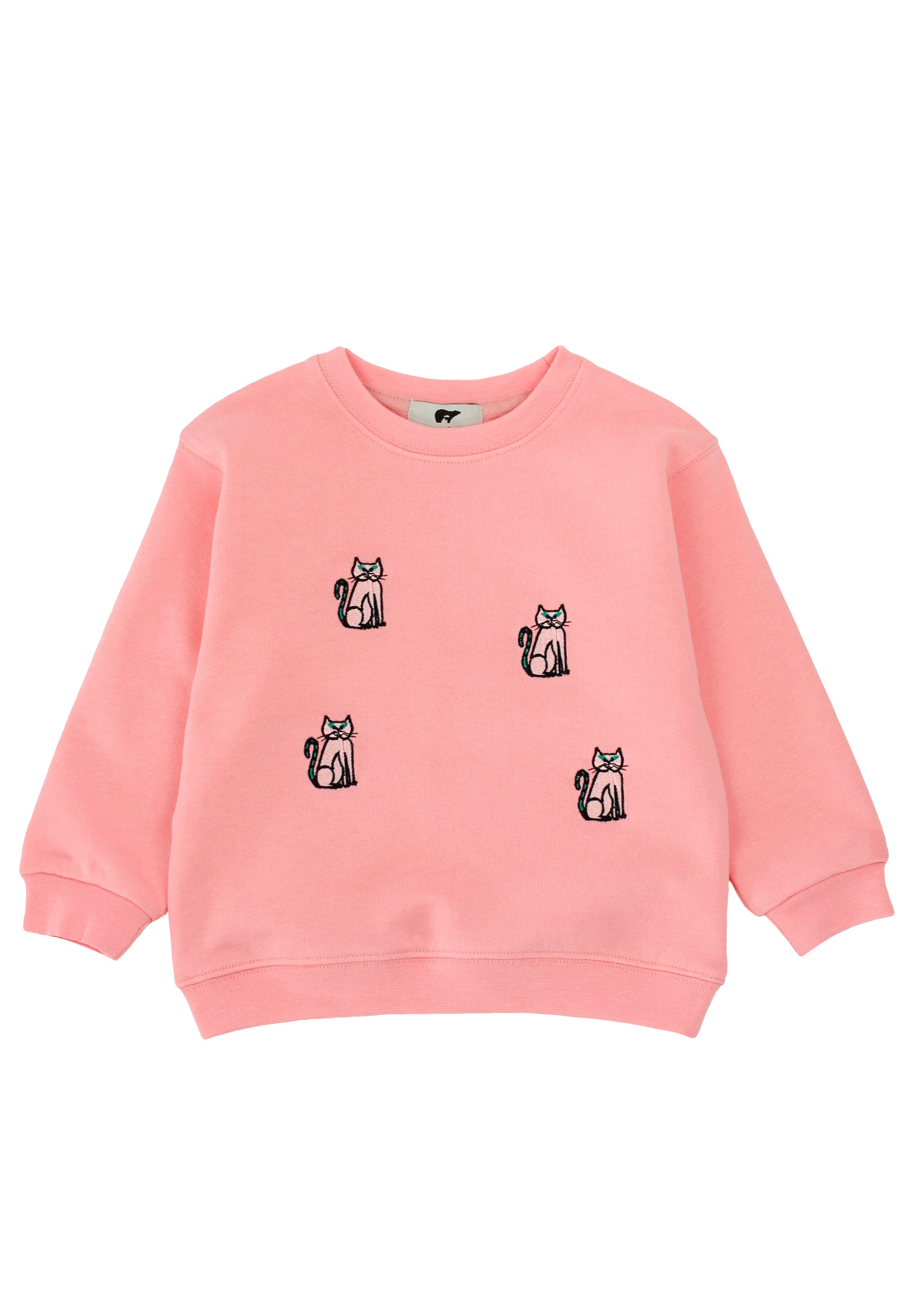 A pink crewneck sweatshirt featuring four embroidered black and white cat motifs on the front, displayed against a solid white background.