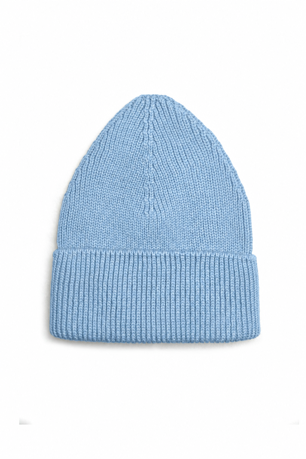 A light blue ribbed knit beanie hat, photographed flat against a clean white background.