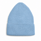 A light blue ribbed knit beanie hat, photographed flat against a clean white background.
