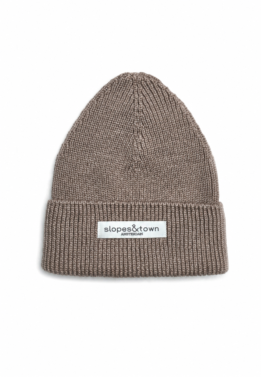 A ribbed knit beanie hat in taupe brown with a white brand label reading 'slopes&town Amsterdam' on the front cuff, shown against a plain white background.