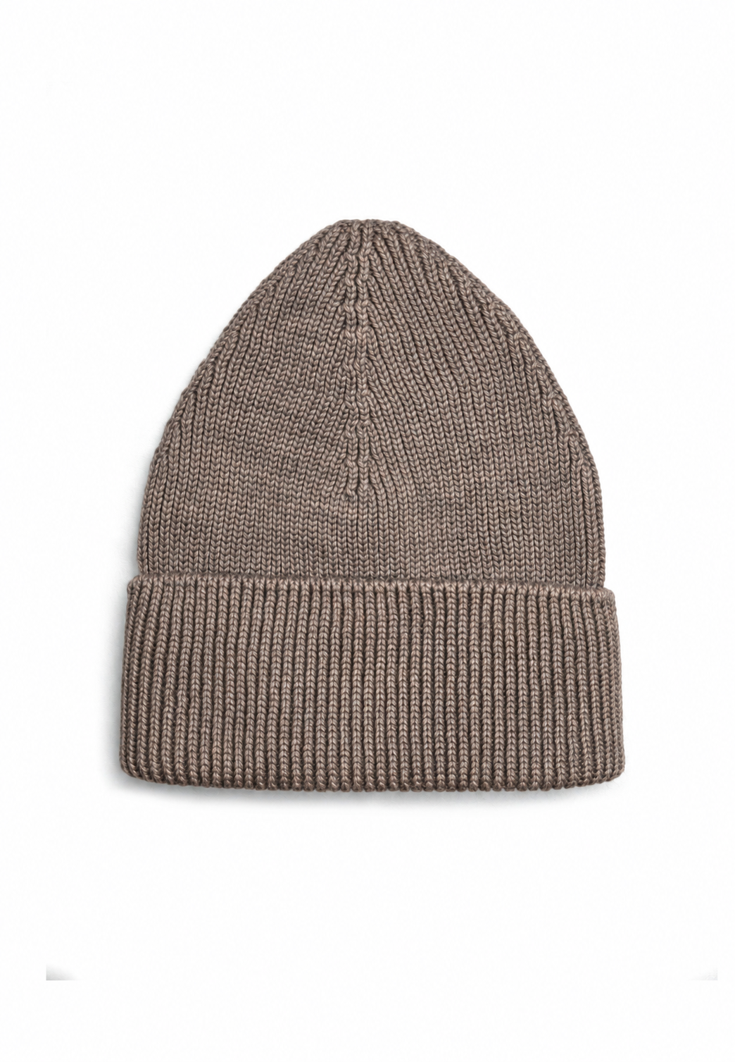 A ribbed knit beanie hat in a taupe brown color,