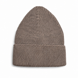 A ribbed knit beanie hat in a taupe brown color,
