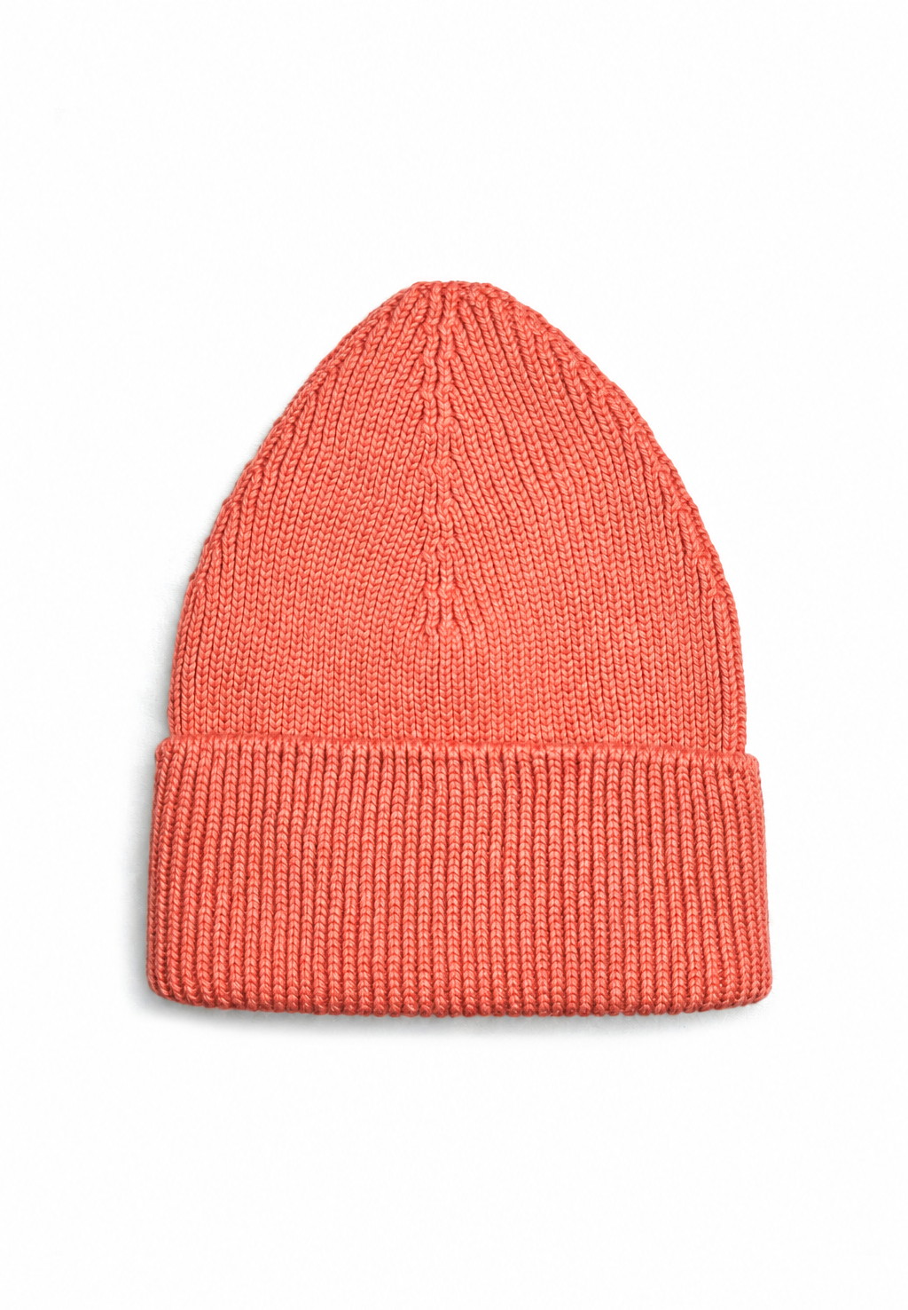 A coral pink ribbed knit kids beanie hat