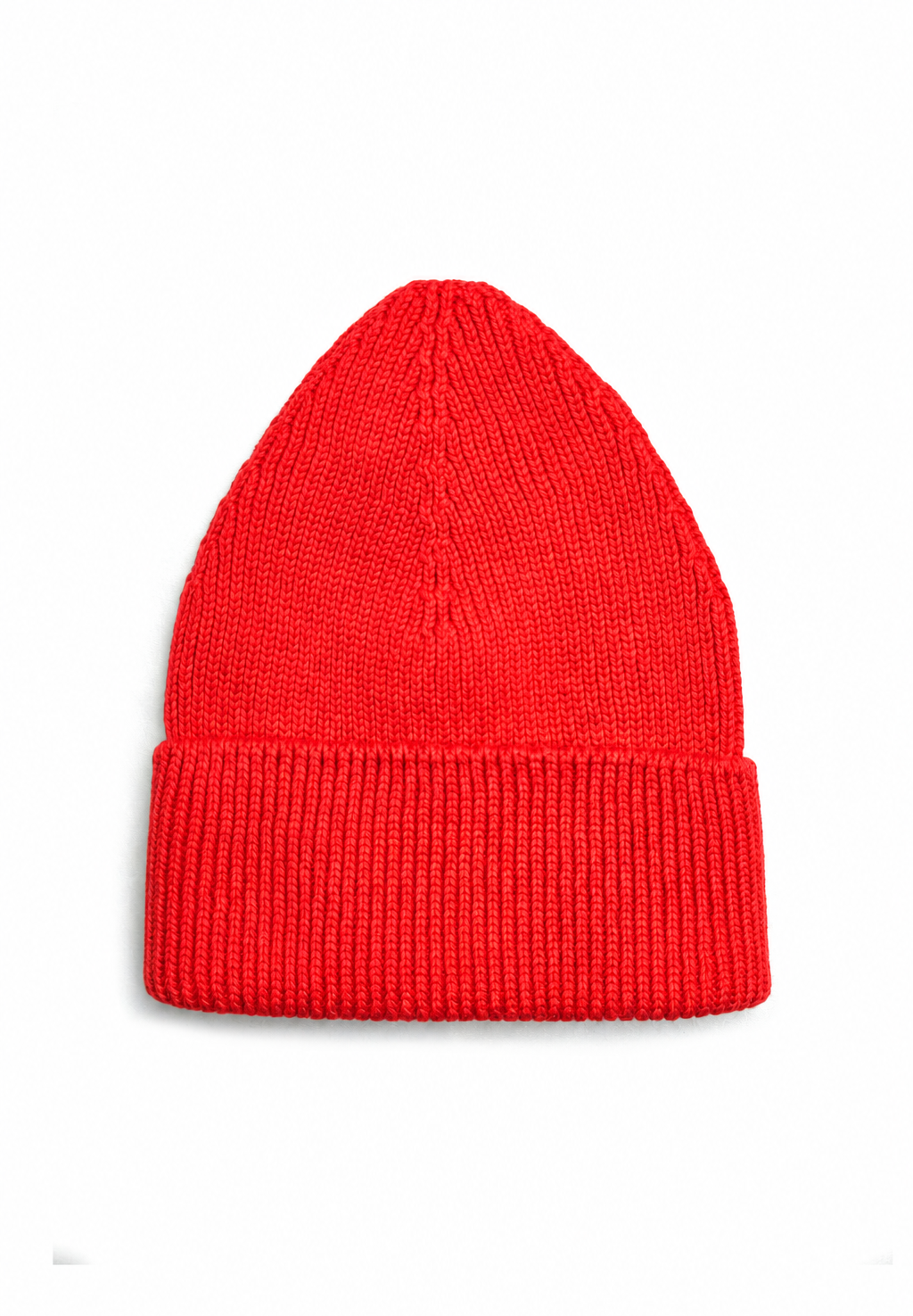 A bright red ribbed knit beanie hat, photographed flat against a clean white background.