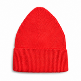 A bright red ribbed knit beanie hat, photographed flat against a clean white background.