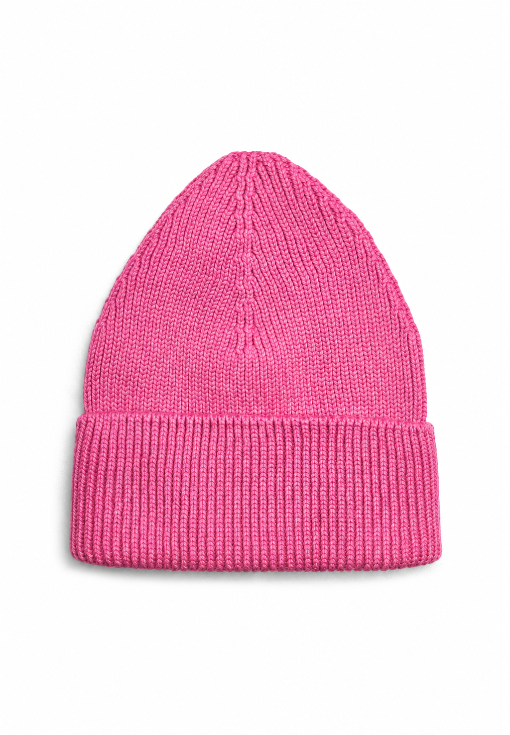A bright pink knit merino wool beanie hat with a folded cuff