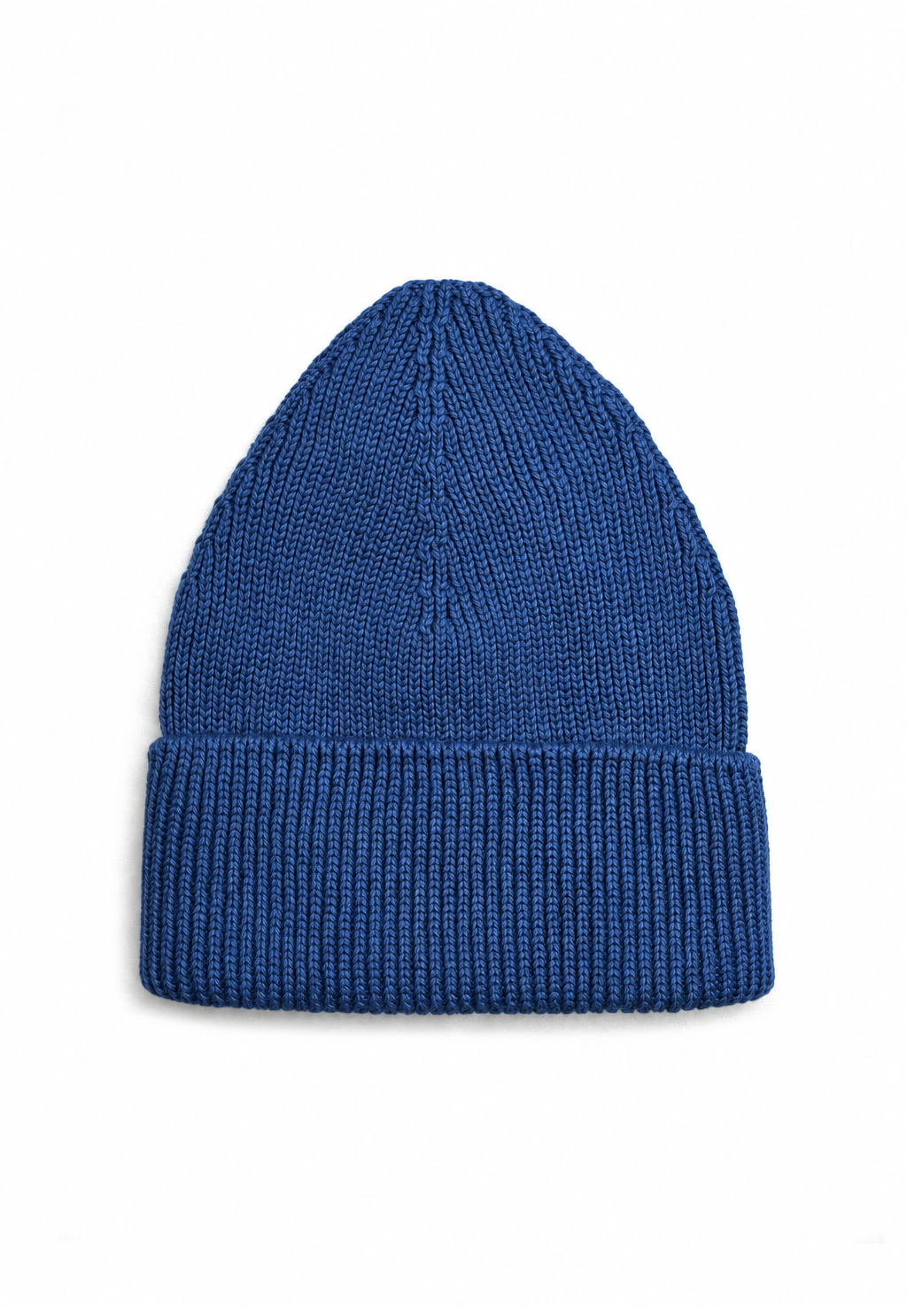 A royal blue ribbed knit beanie hat