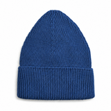 A royal blue ribbed knit beanie hat