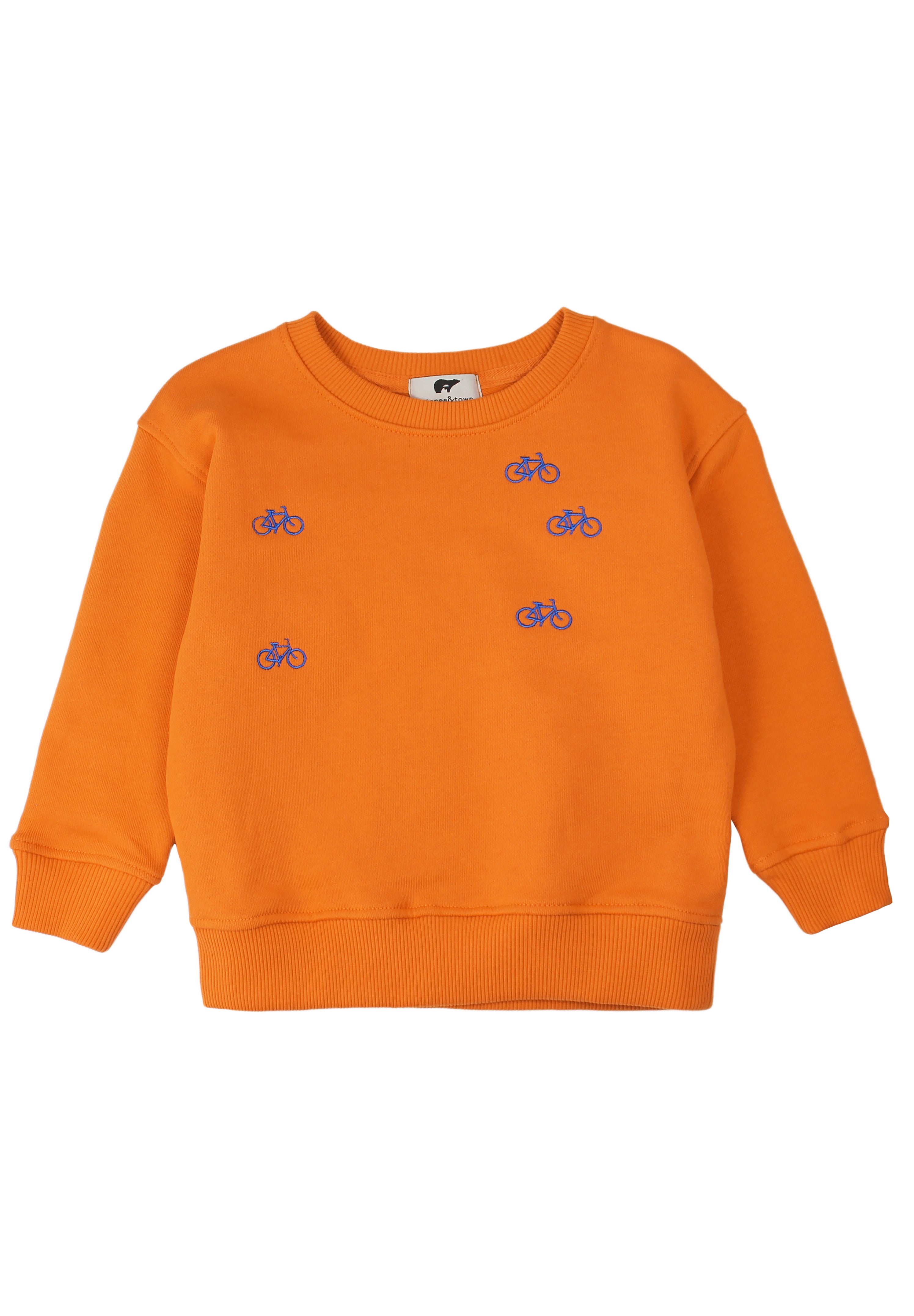 An orange crewneck sweatshirt featuring small embroidered blue bicycle motifs on the chest, displayed flat against a solid white background.