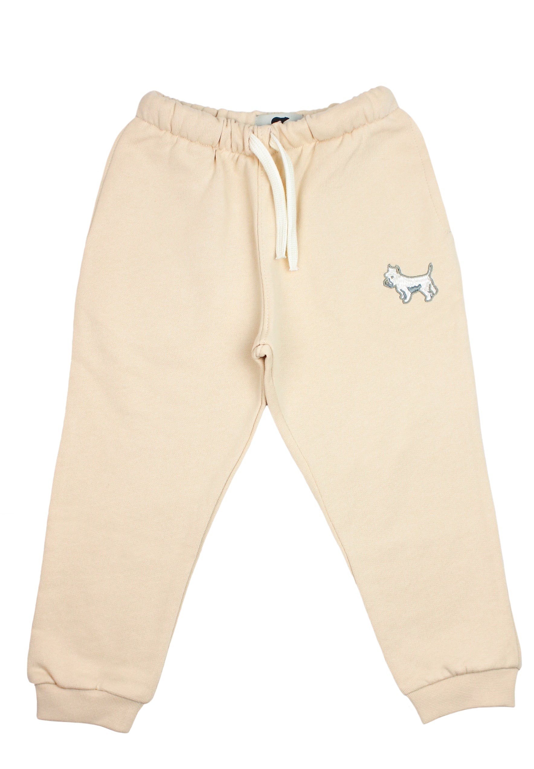 Beige kids' tracksuit bottoms with embroidered white terrier design