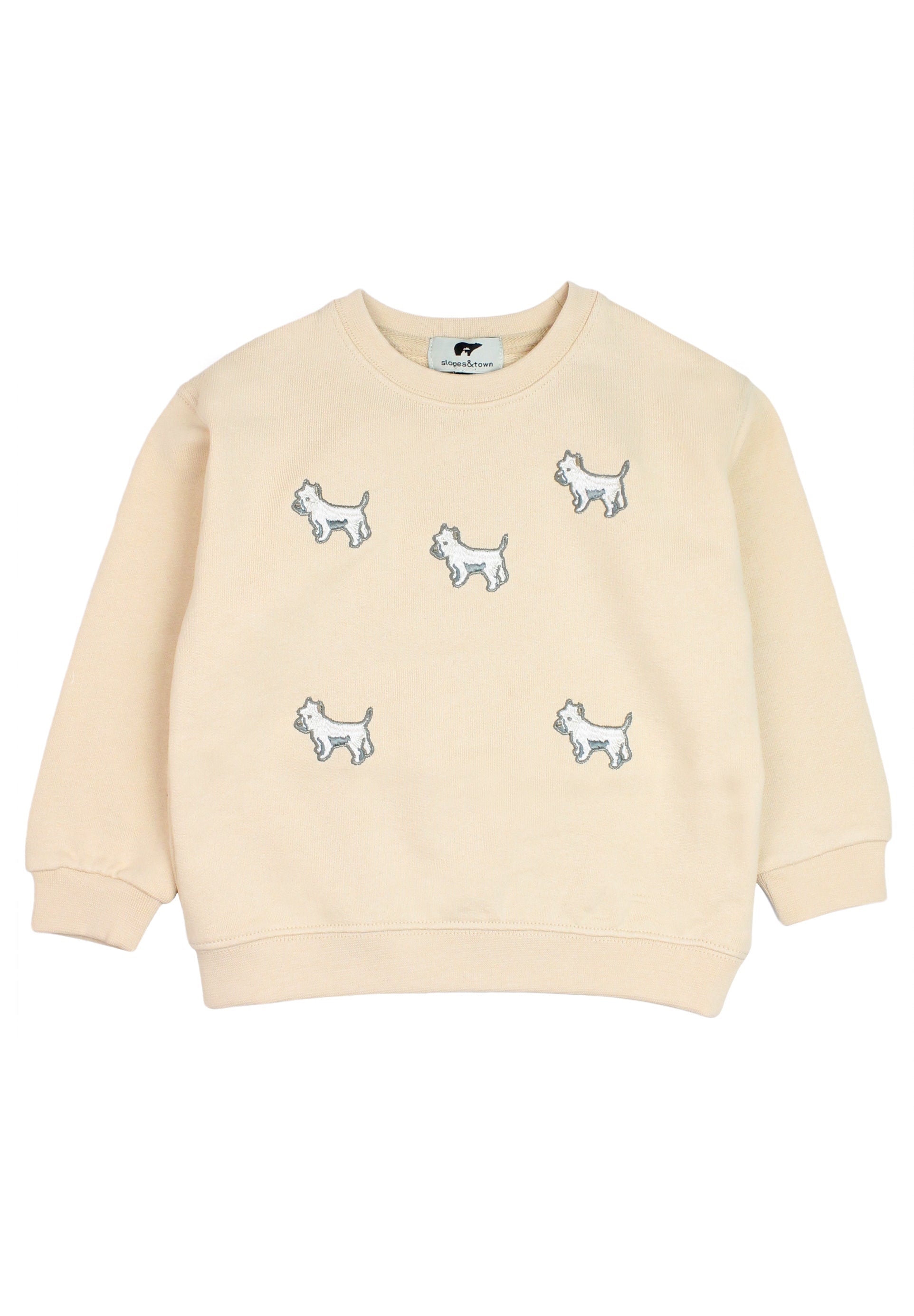 Beige kids' tracksuit top with white terrier puppy embroidery

