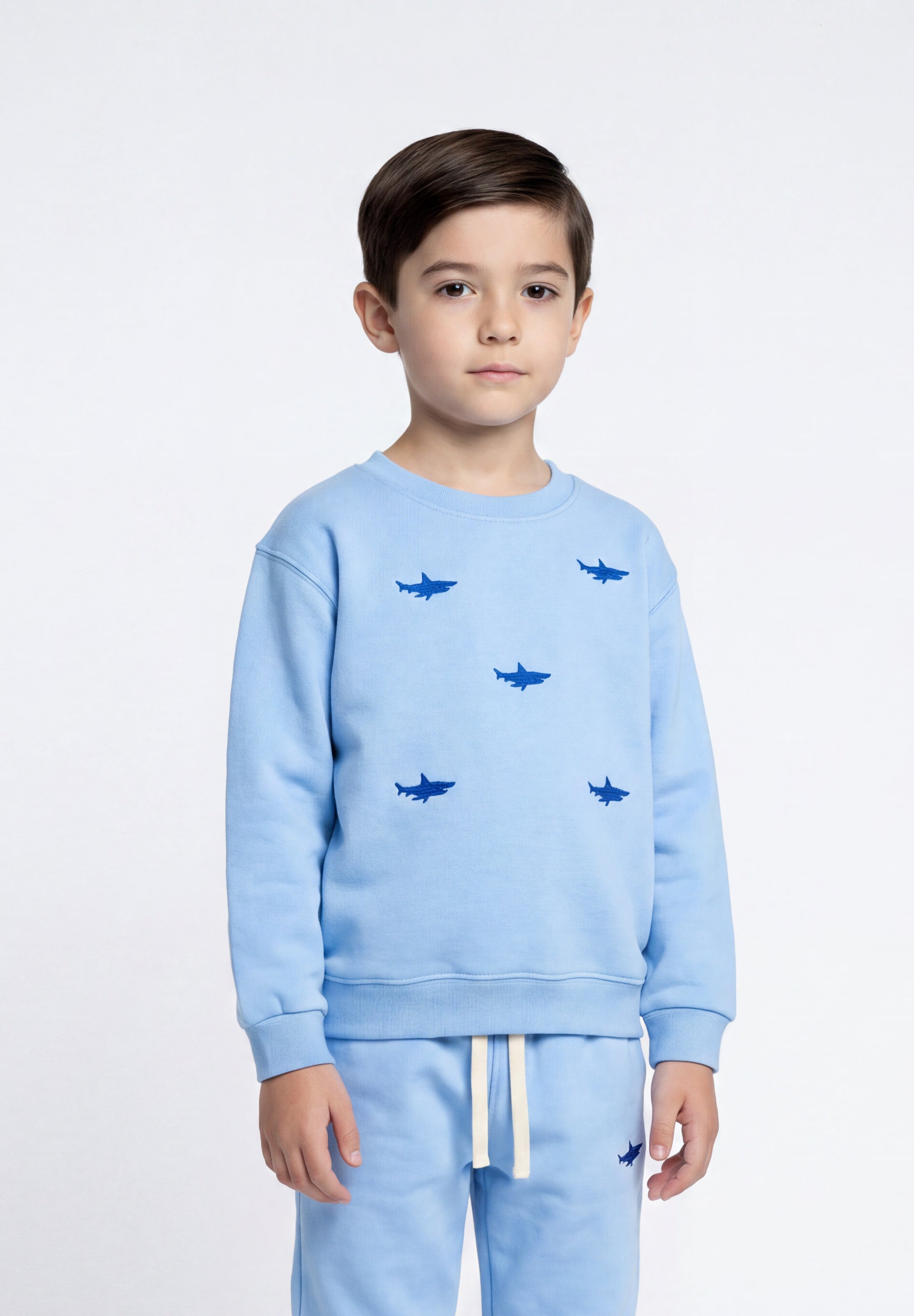 Child wearing light blue organic cotton sweatshirt with shark embroidery