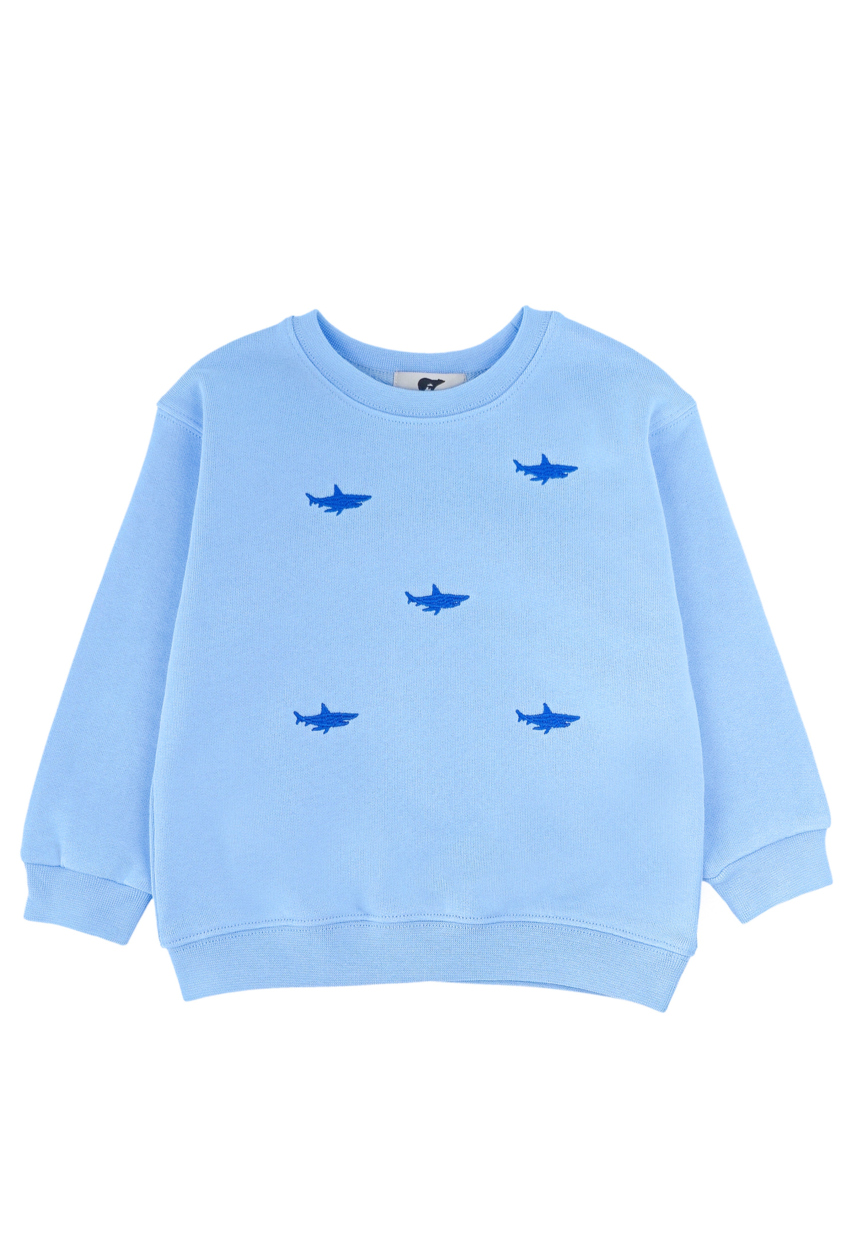 Blue kids’ tracksuit top with embroidered shark design