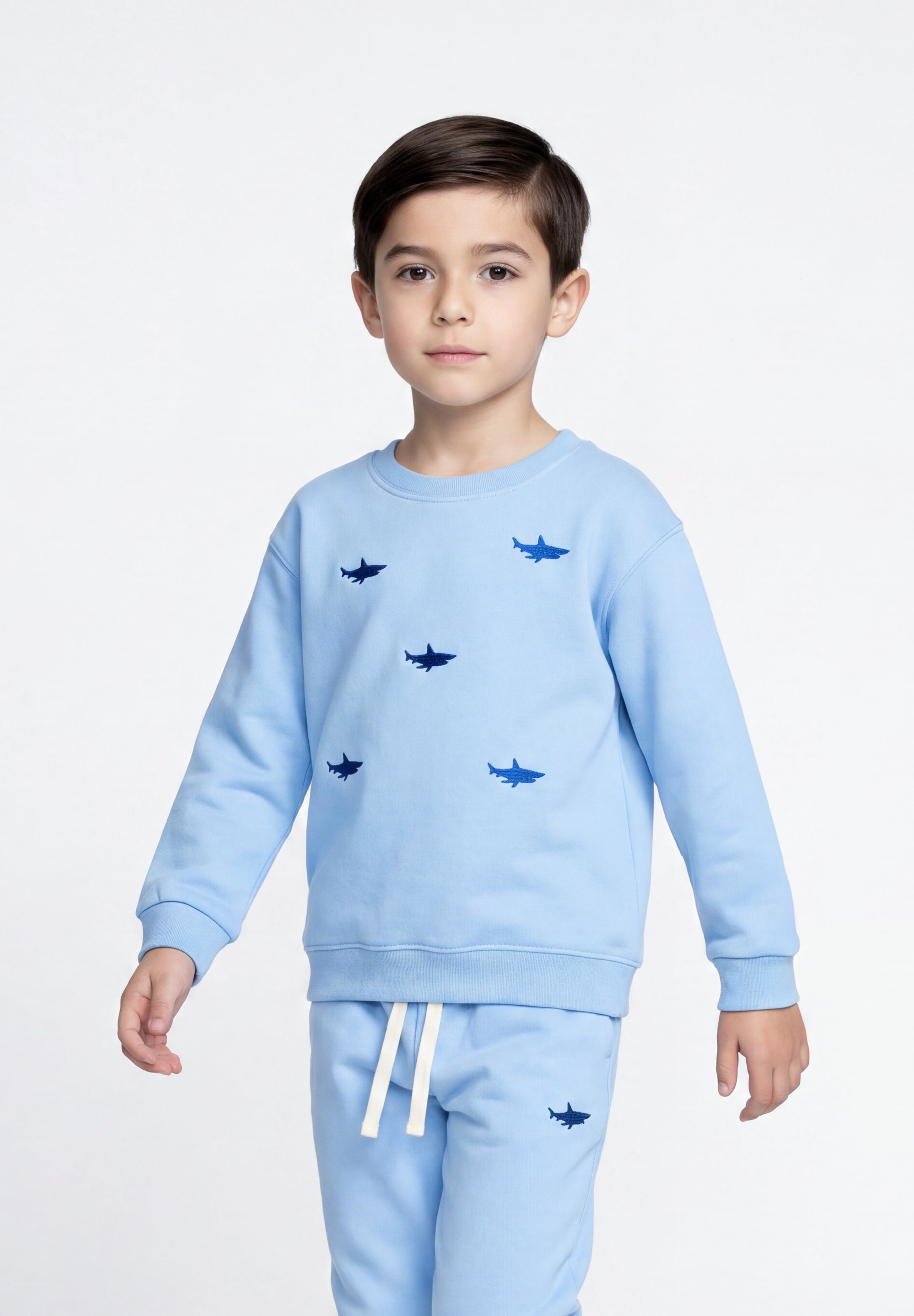 Child wearing light blue organic cotton shark sweatshirt