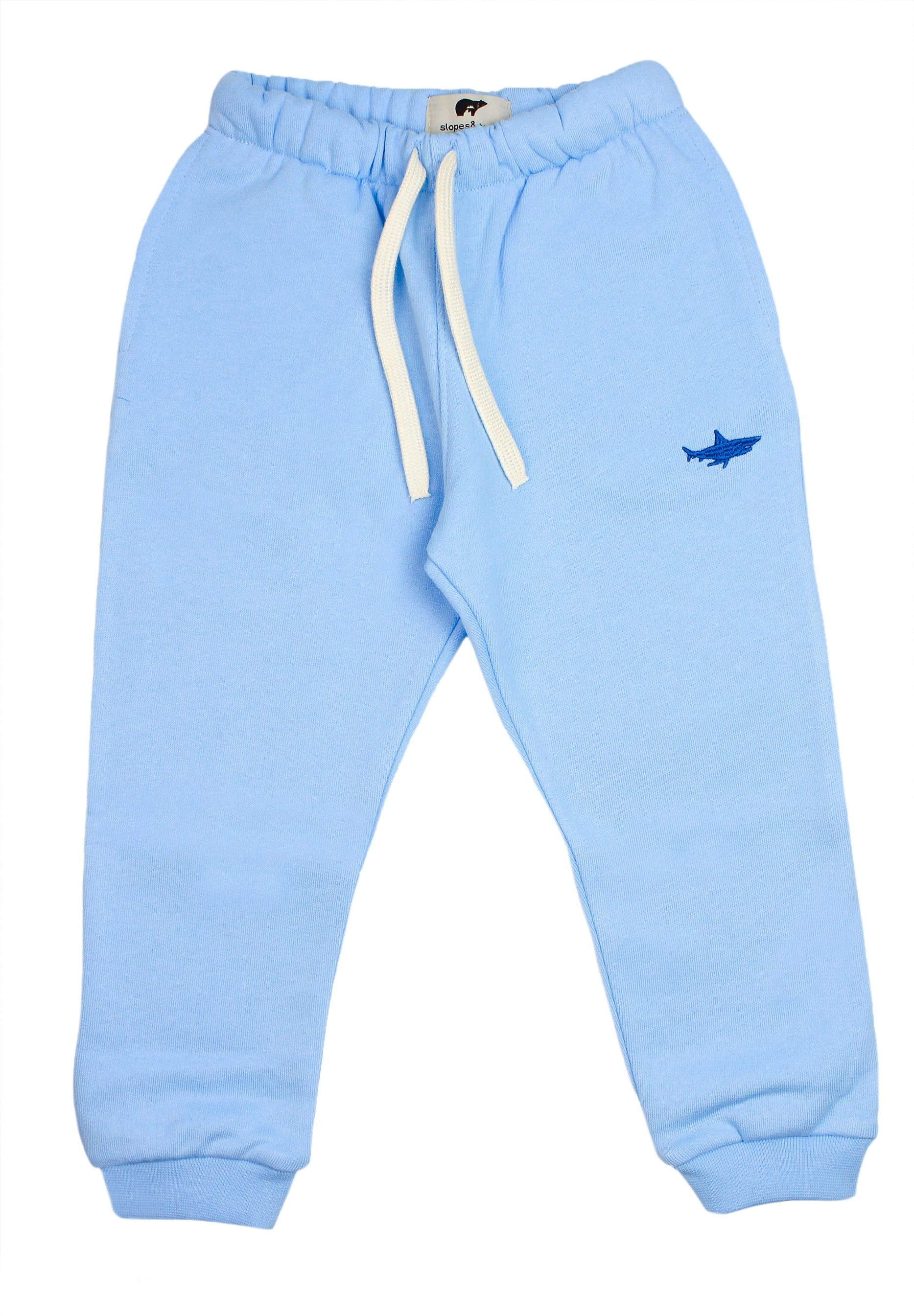 Slopes and Town Kids blue organic cotton sweatpants with embroidered shark design