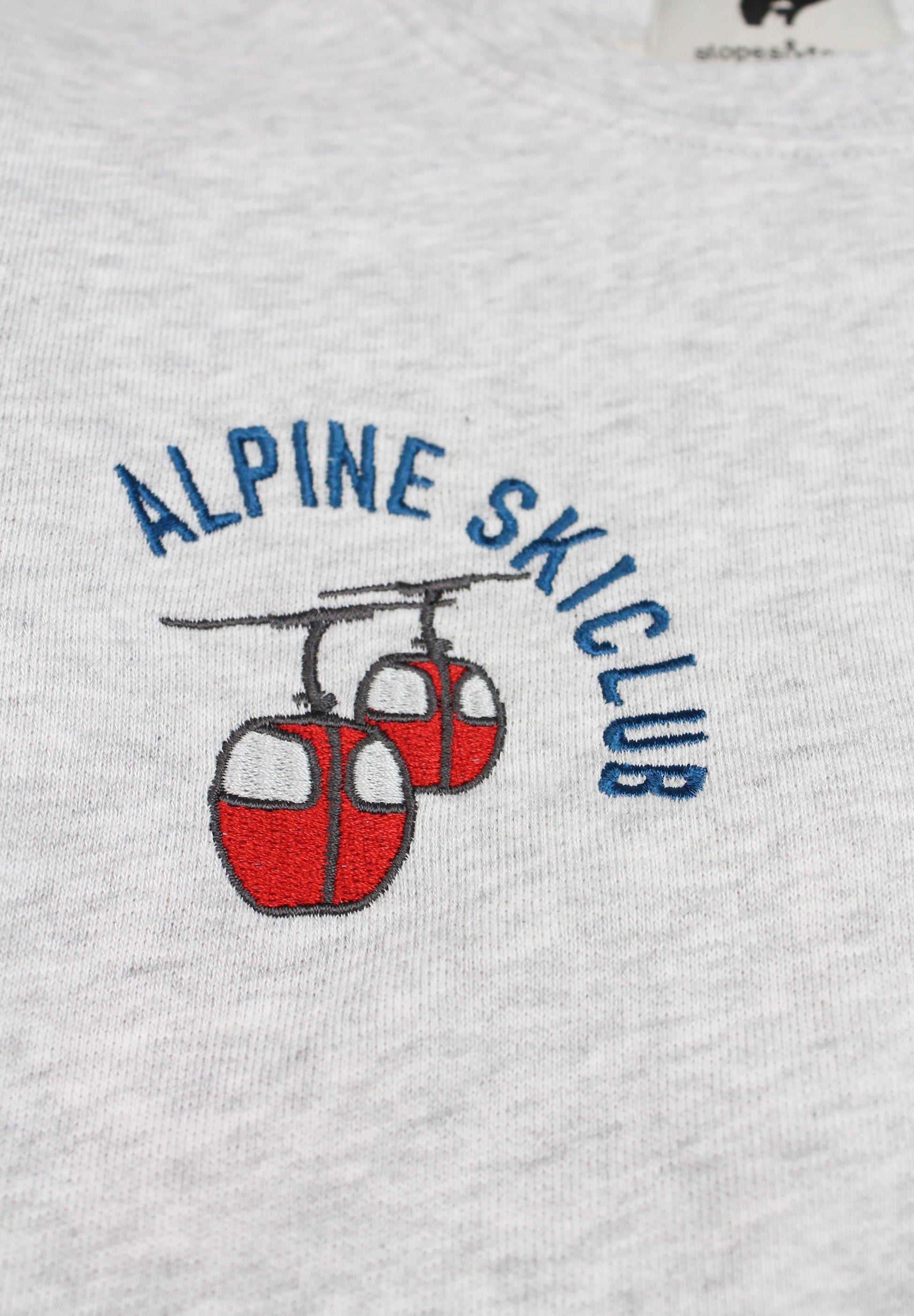 Kids' grey sweatshirt featuring a red gondola and alpine ski lift design