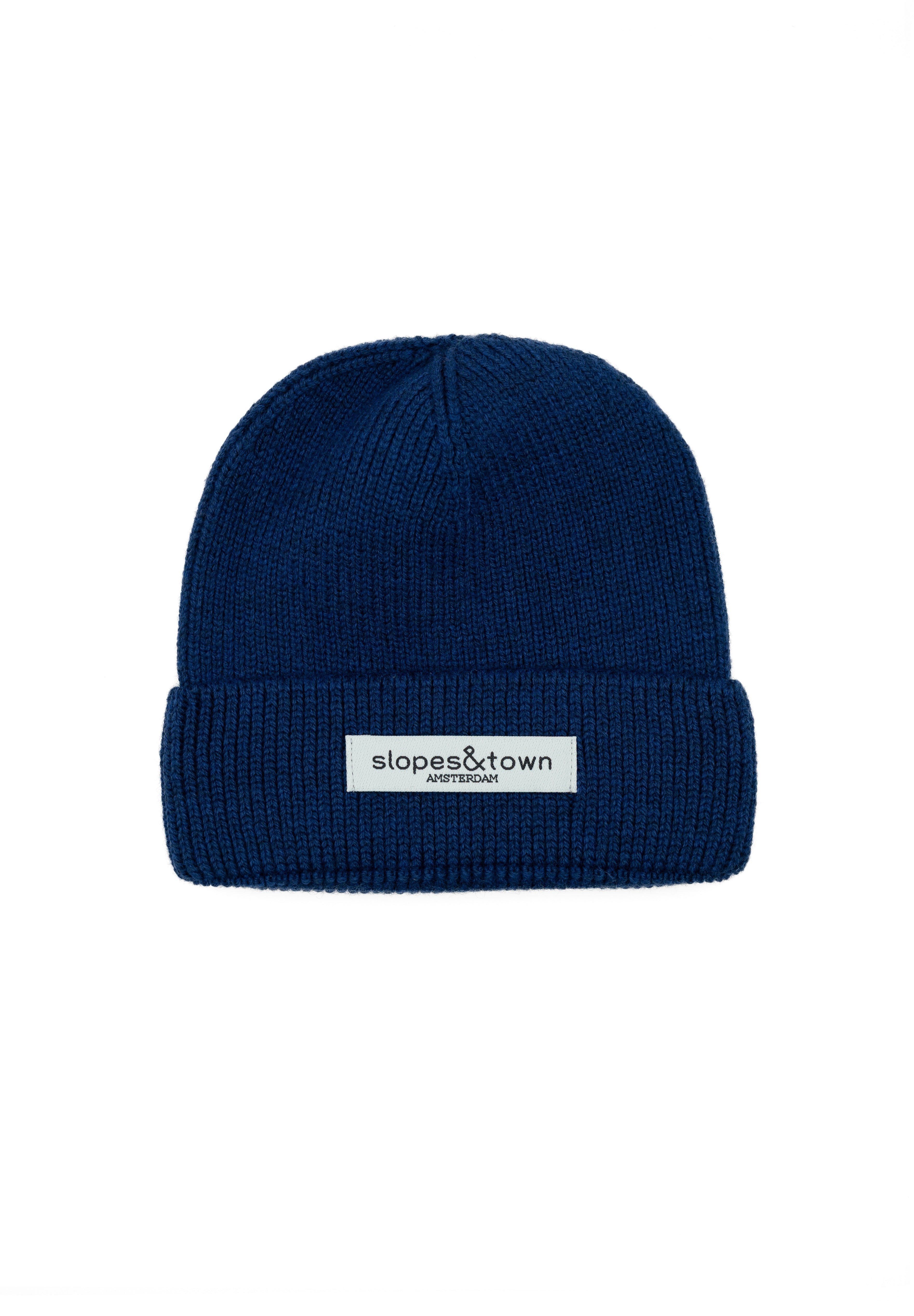 Kids merino wool beanie in navy blue, front view with Slopes and Town Amsterdam woven label