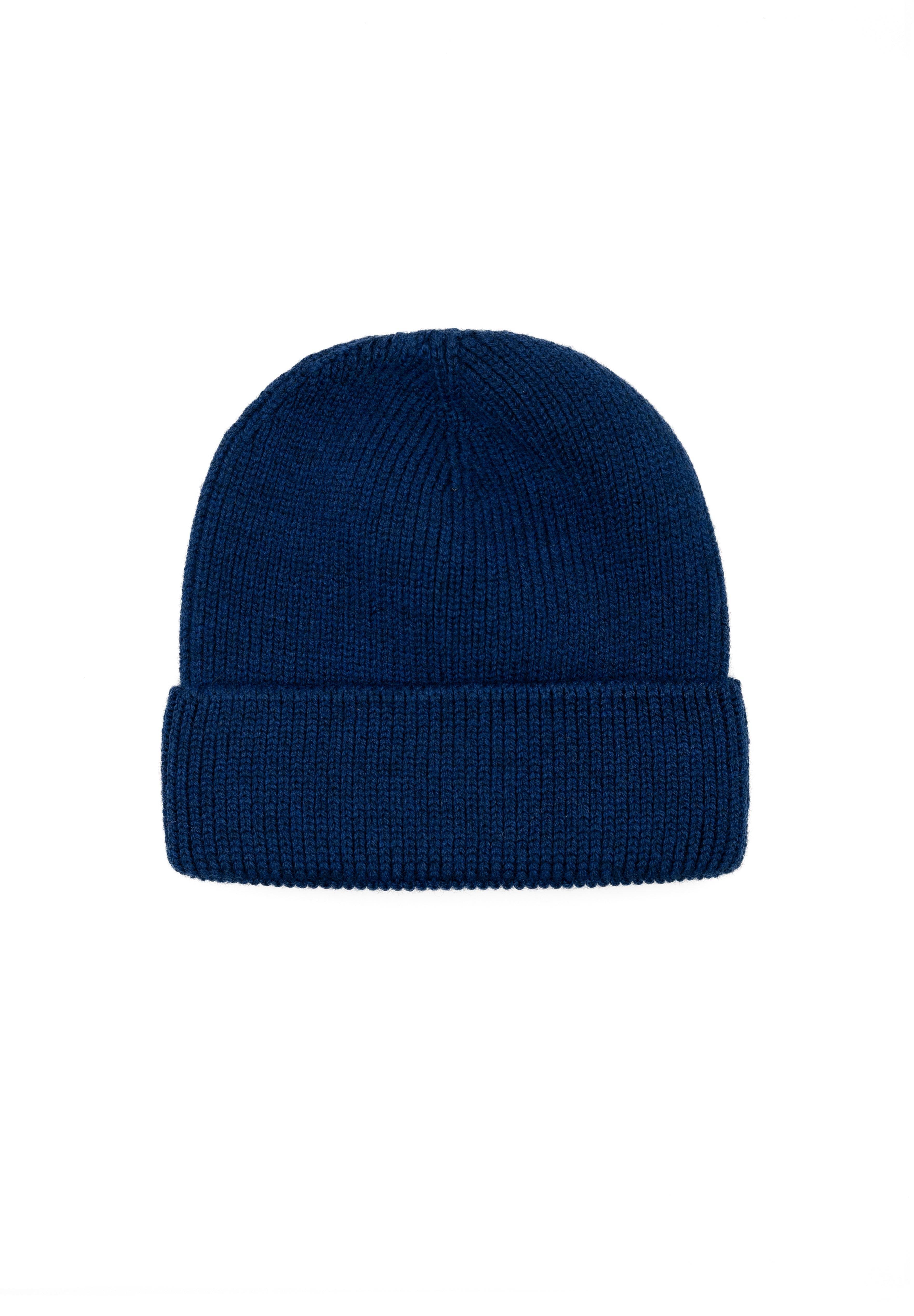 Kids merino wool beanie in navy blue, back view showing ribbed knit construction