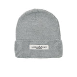 Kids merino wool beanie in melange grey, front view with Slopes and Town Amsterdam woven label