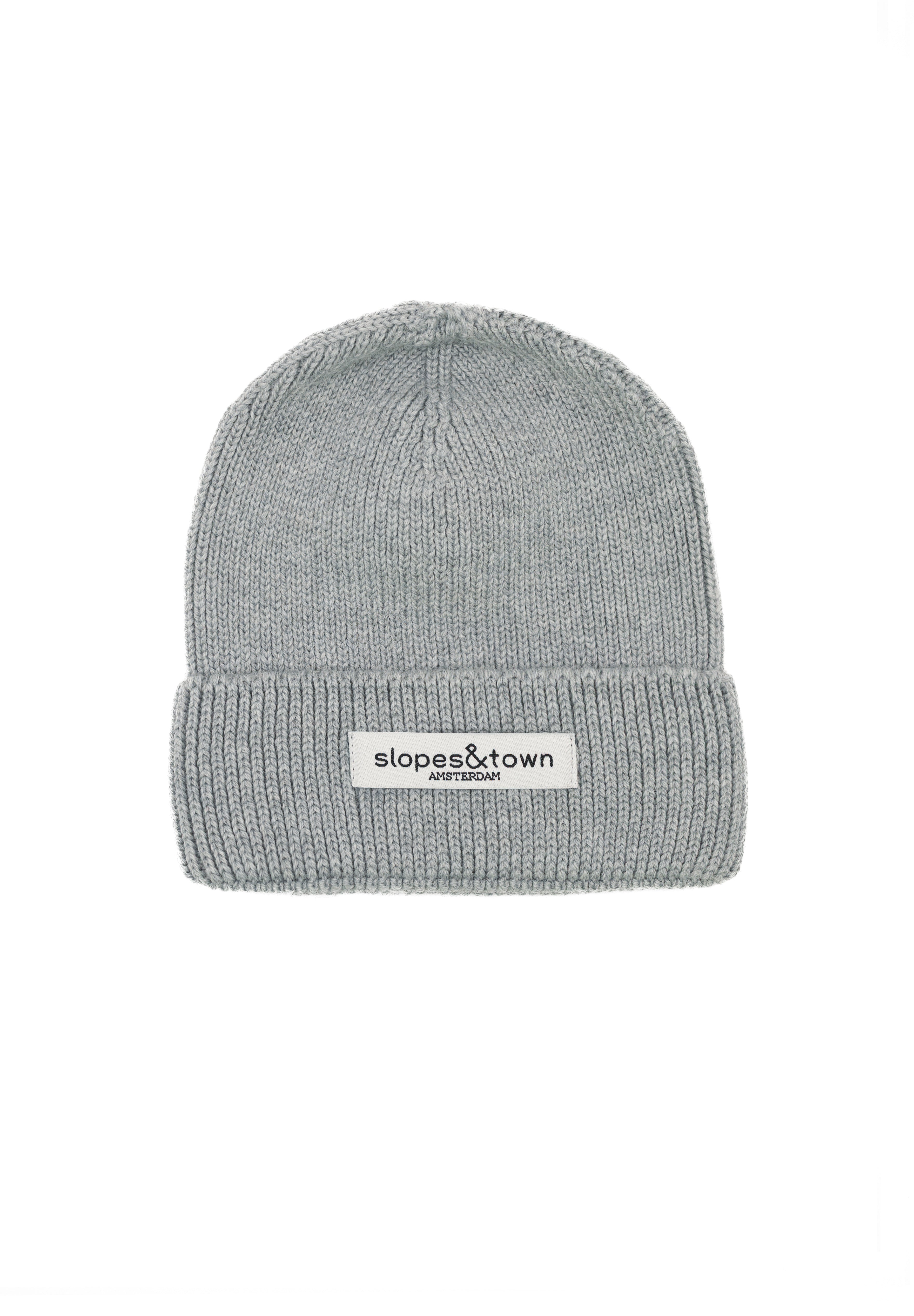 Kids merino wool beanie in melange grey, front view with Slopes and Town Amsterdam woven label