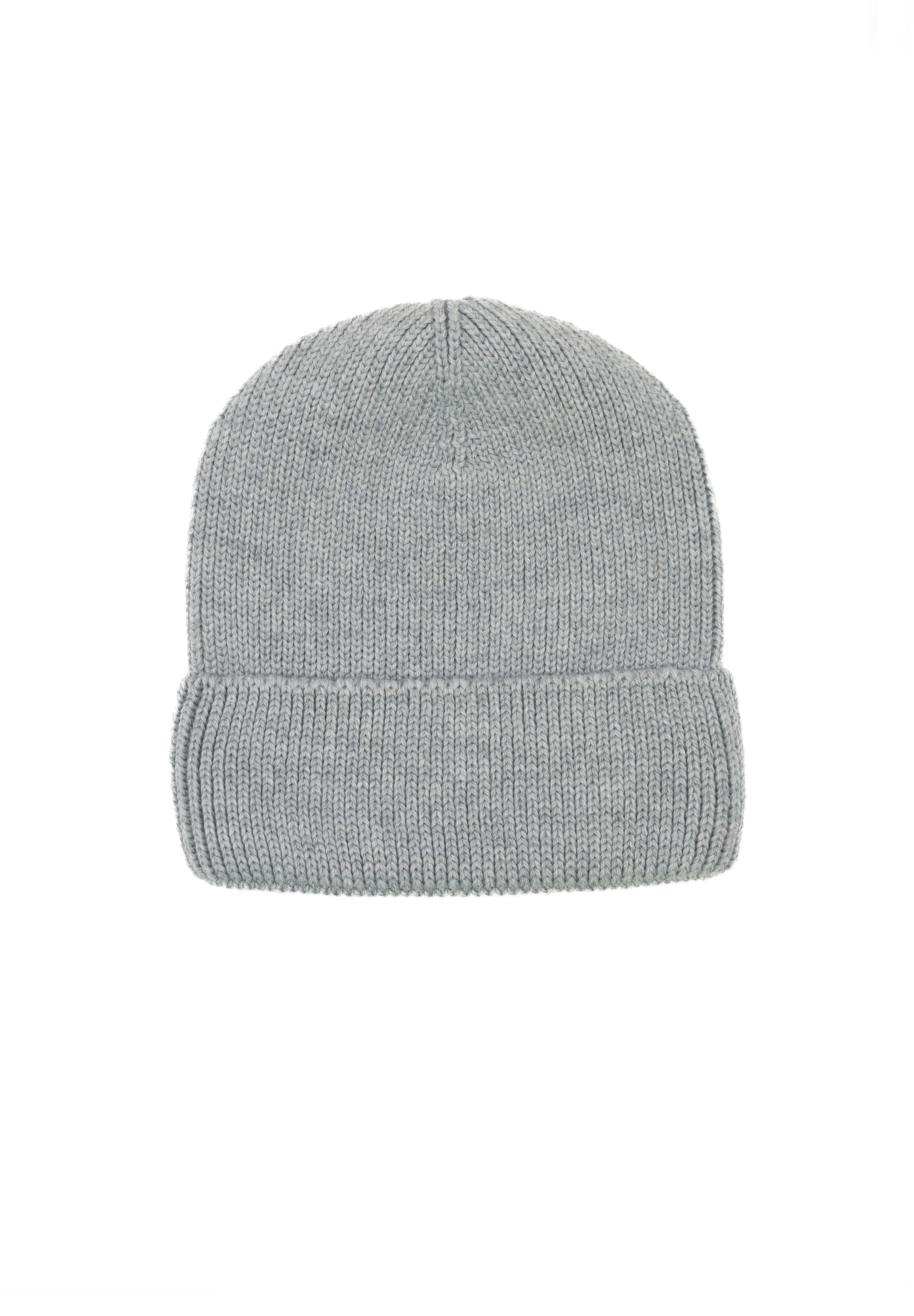 Kids merino wool beanie in melange grey, back view showing ribbed knit construction