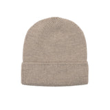 Kids merino wool beanie in beige, back view showing ribbed knit construction