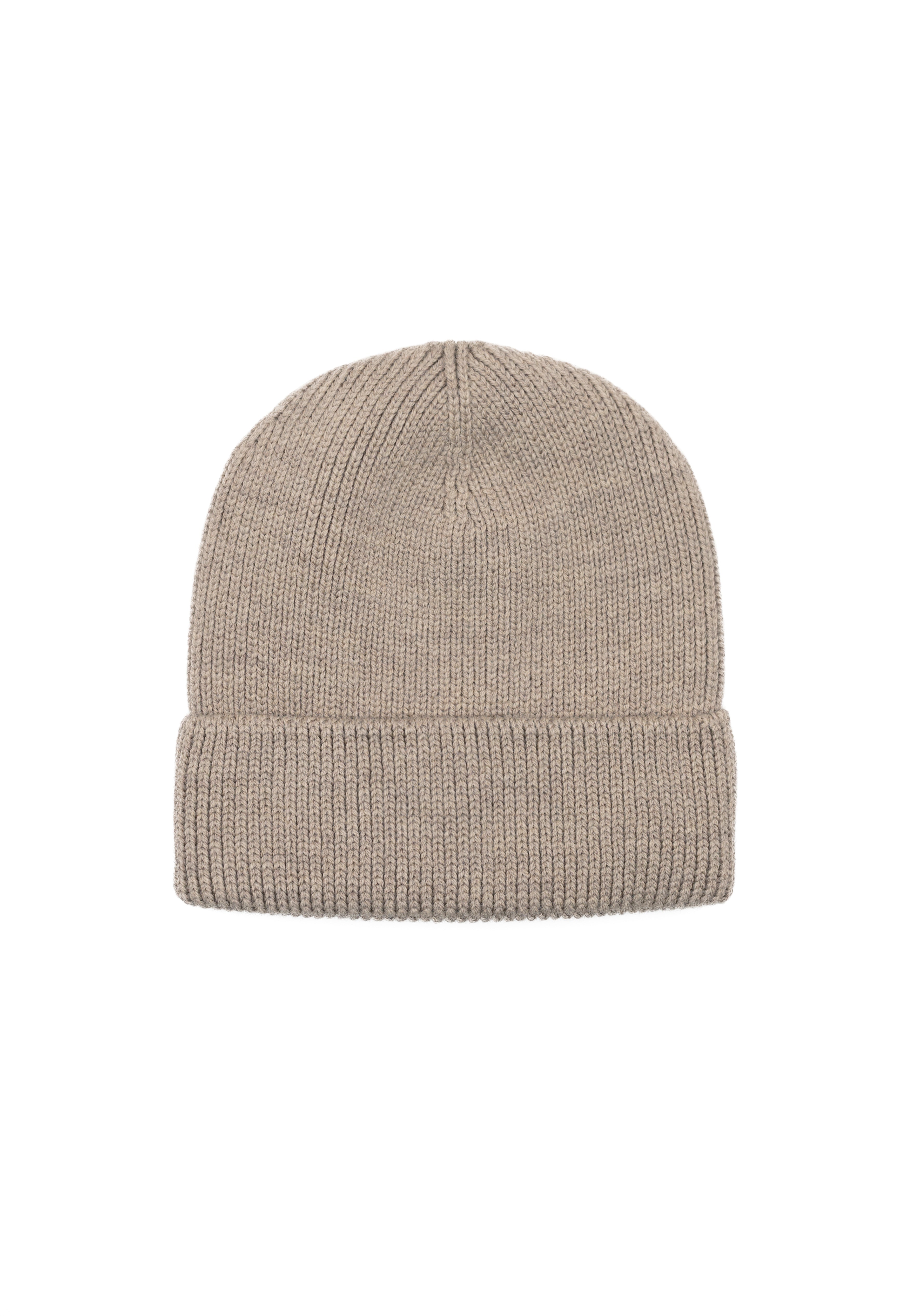 Kids merino wool beanie in beige, back view showing ribbed knit construction
