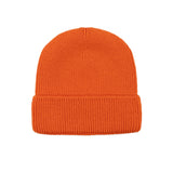 Kids merino wool beanie in orange, back view showing ribbed knit construction