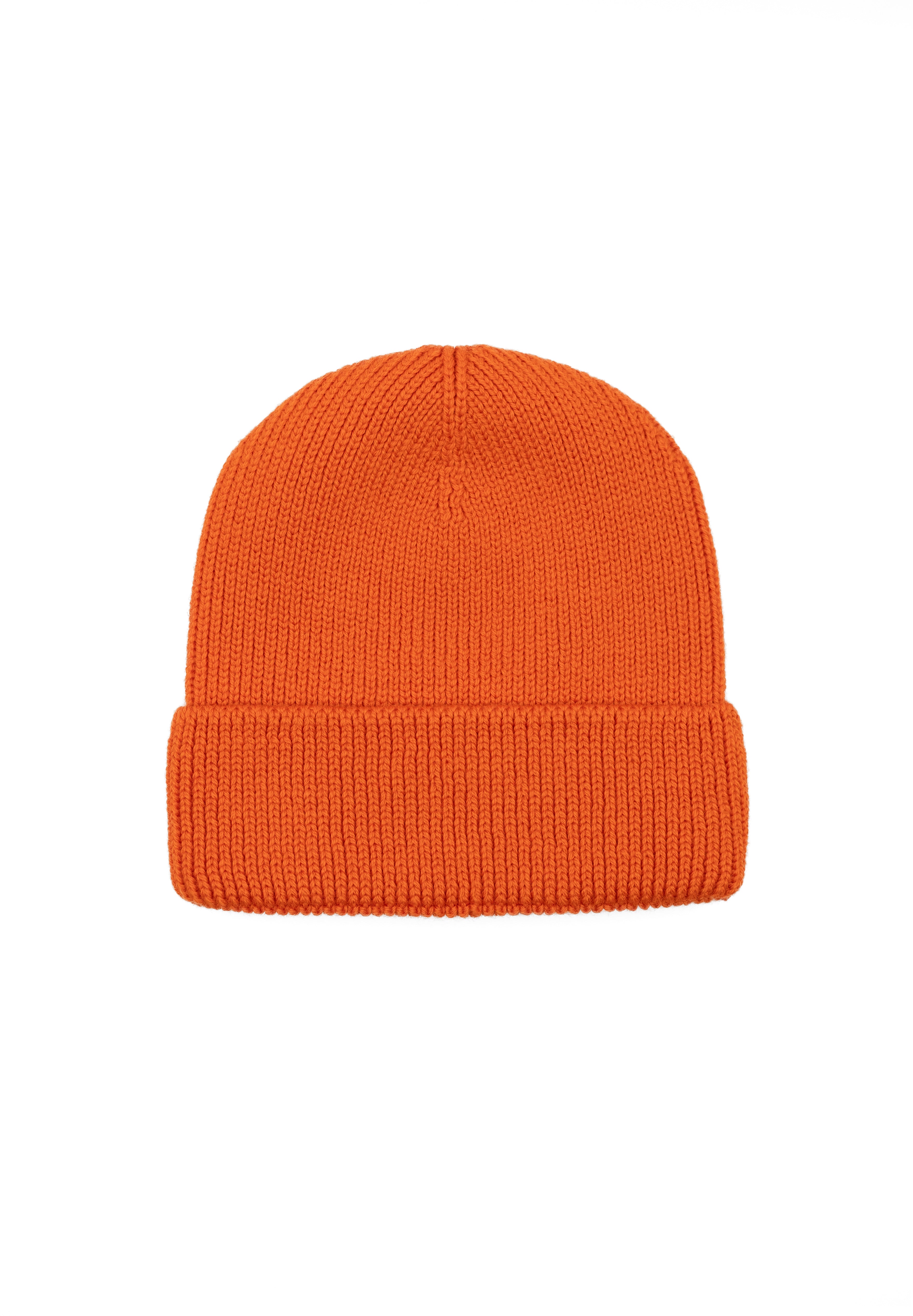 Kids merino wool beanie in orange, back view showing ribbed knit construction