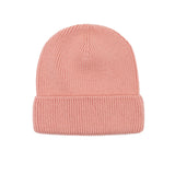 Kids merino wool beanie in soft pink, back view showing ribbed knit construction