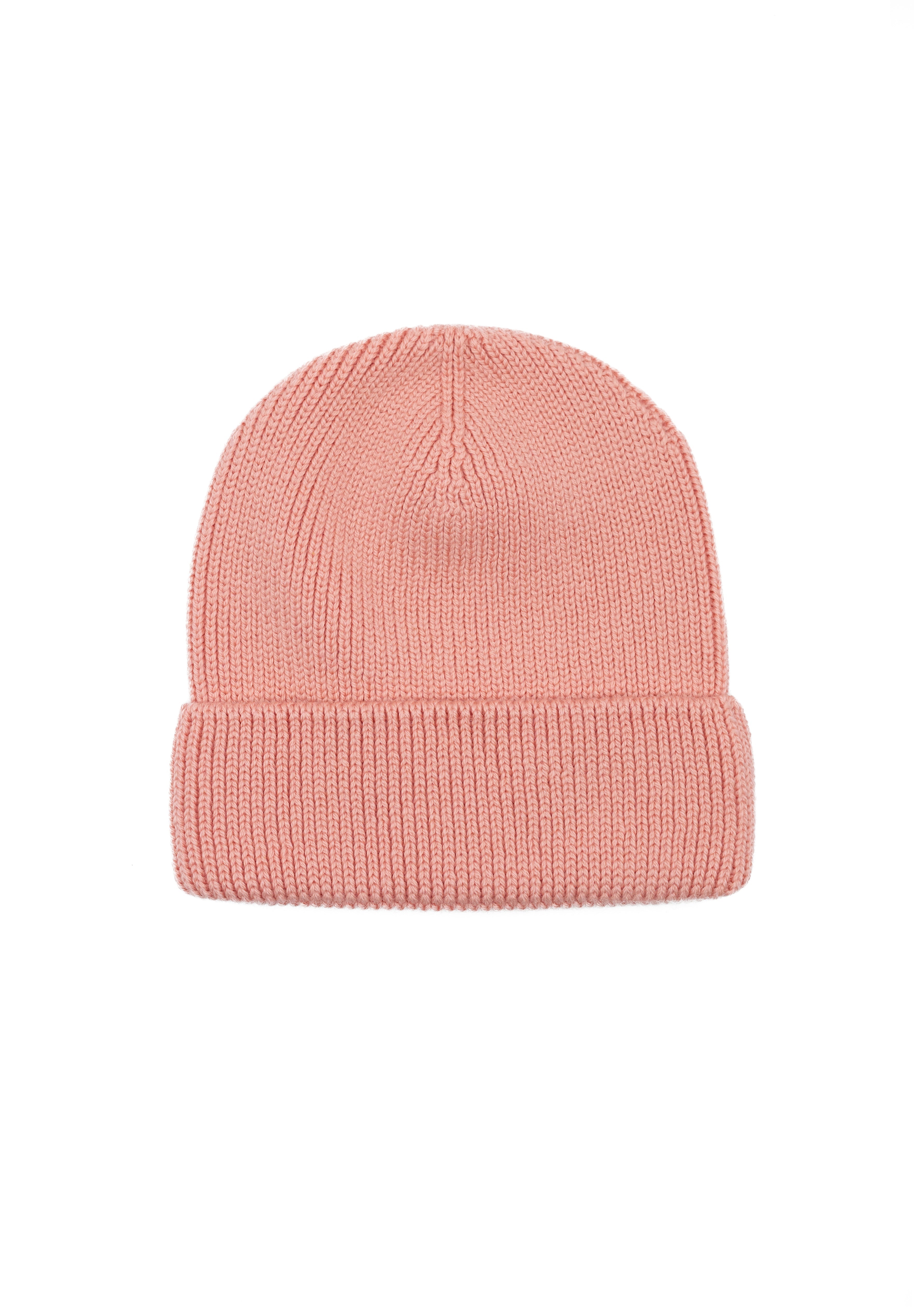 Kids merino wool beanie in soft pink, back view showing ribbed knit construction