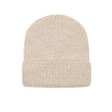 Kids merino wool beanie in latte beige, back view showing ribbed knit construction