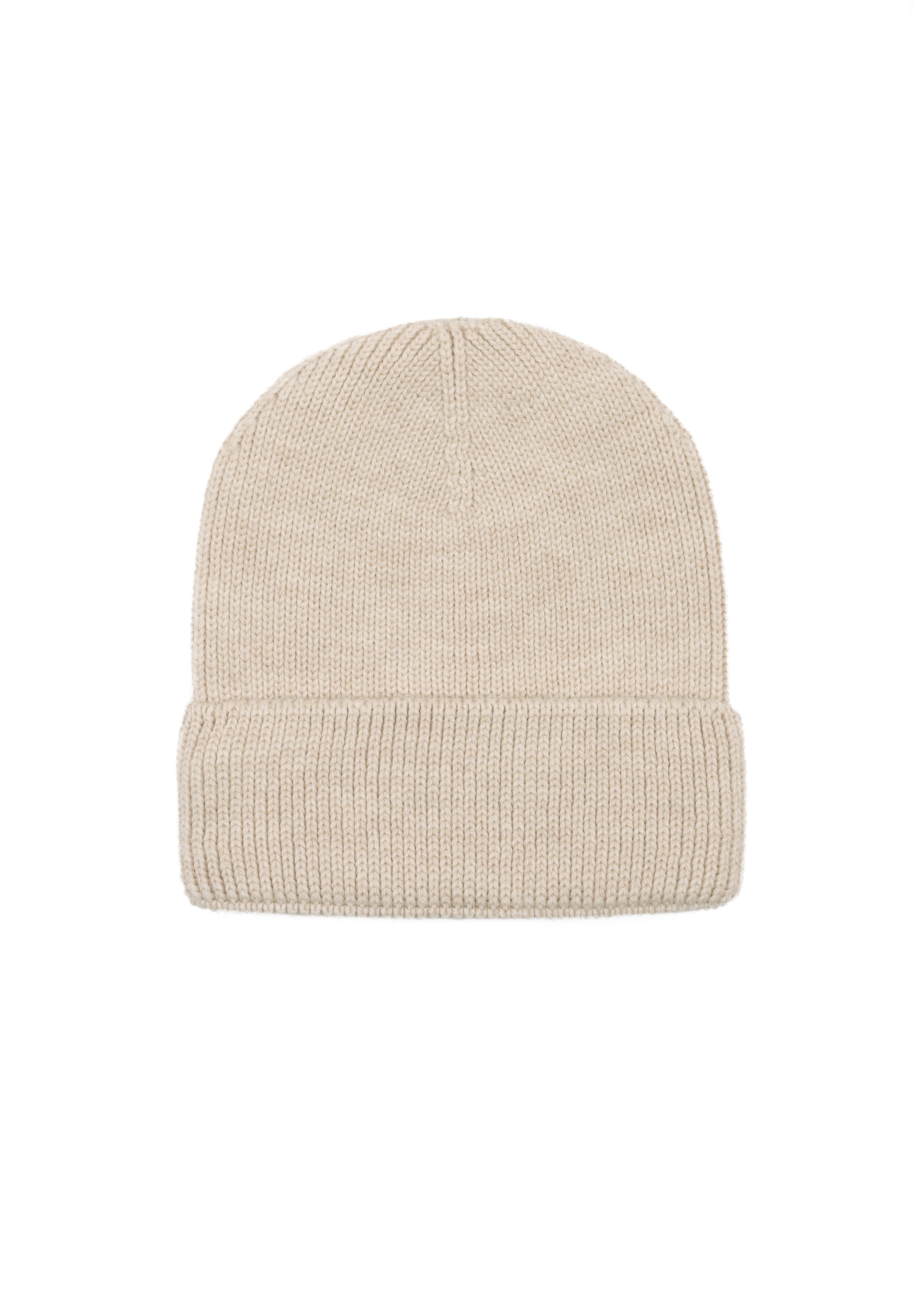Kids merino wool beanie in latte beige, back view showing ribbed knit construction