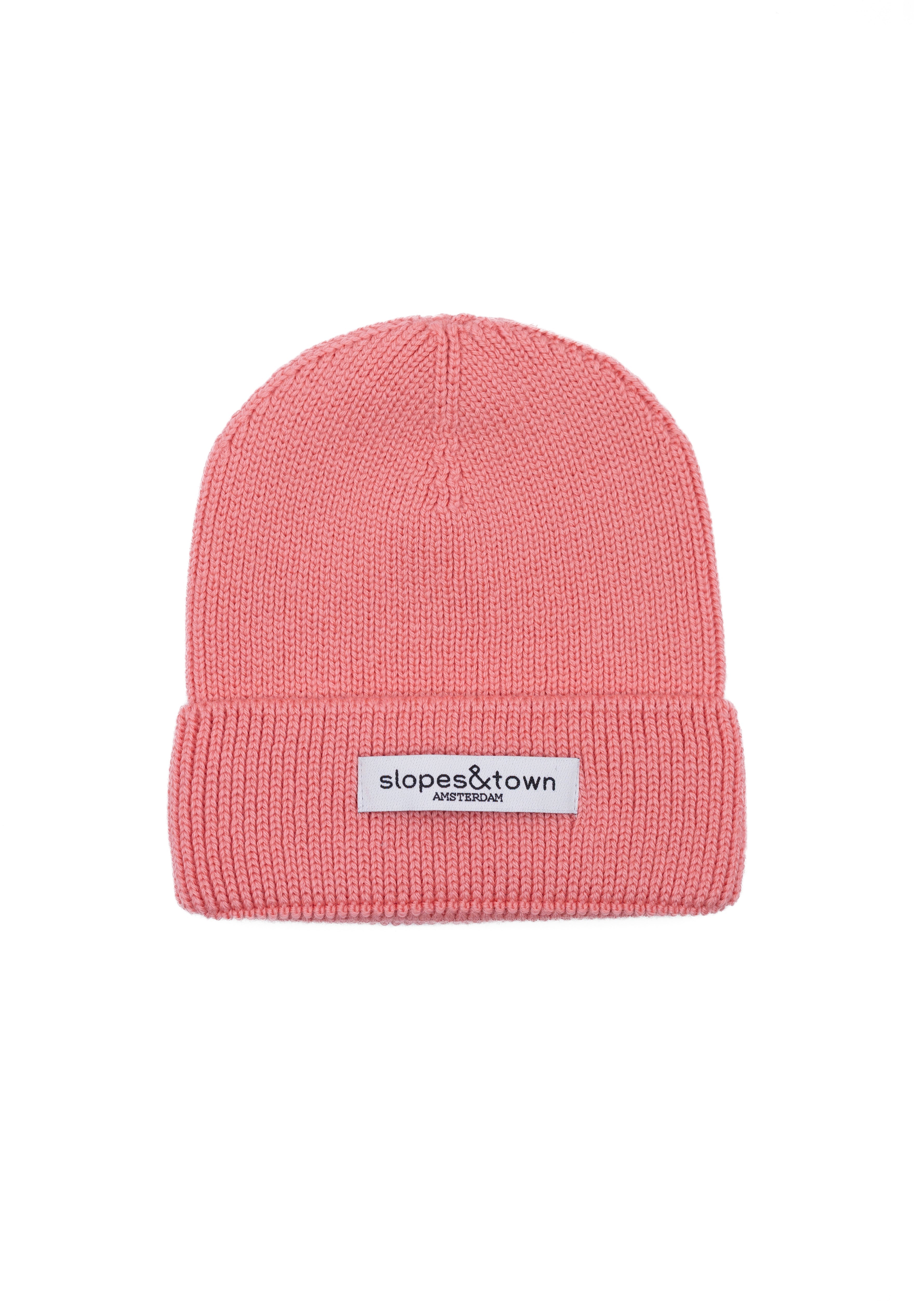 Kids merino wool beanie in Lemonade pink, front view with Slopes and Town Amsterdam woven label