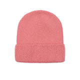 Kids merino wool beanie in lemonade pink, back view showing ribbed knit construction