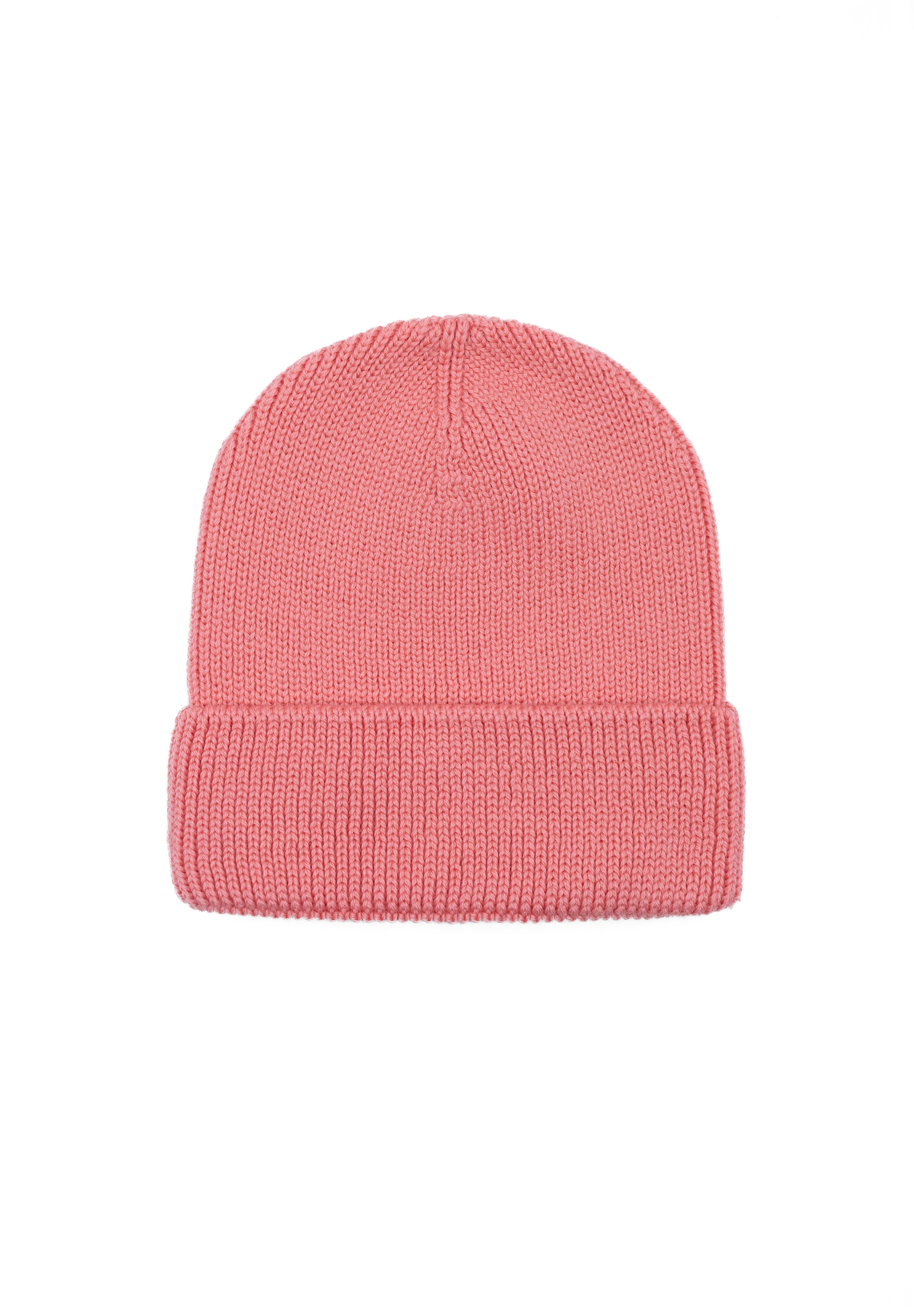 Kids merino wool beanie in lemonade pink, back view showing ribbed knit construction