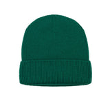 Kids merino wool beanie in pine green, back view showing ribbed knit construction