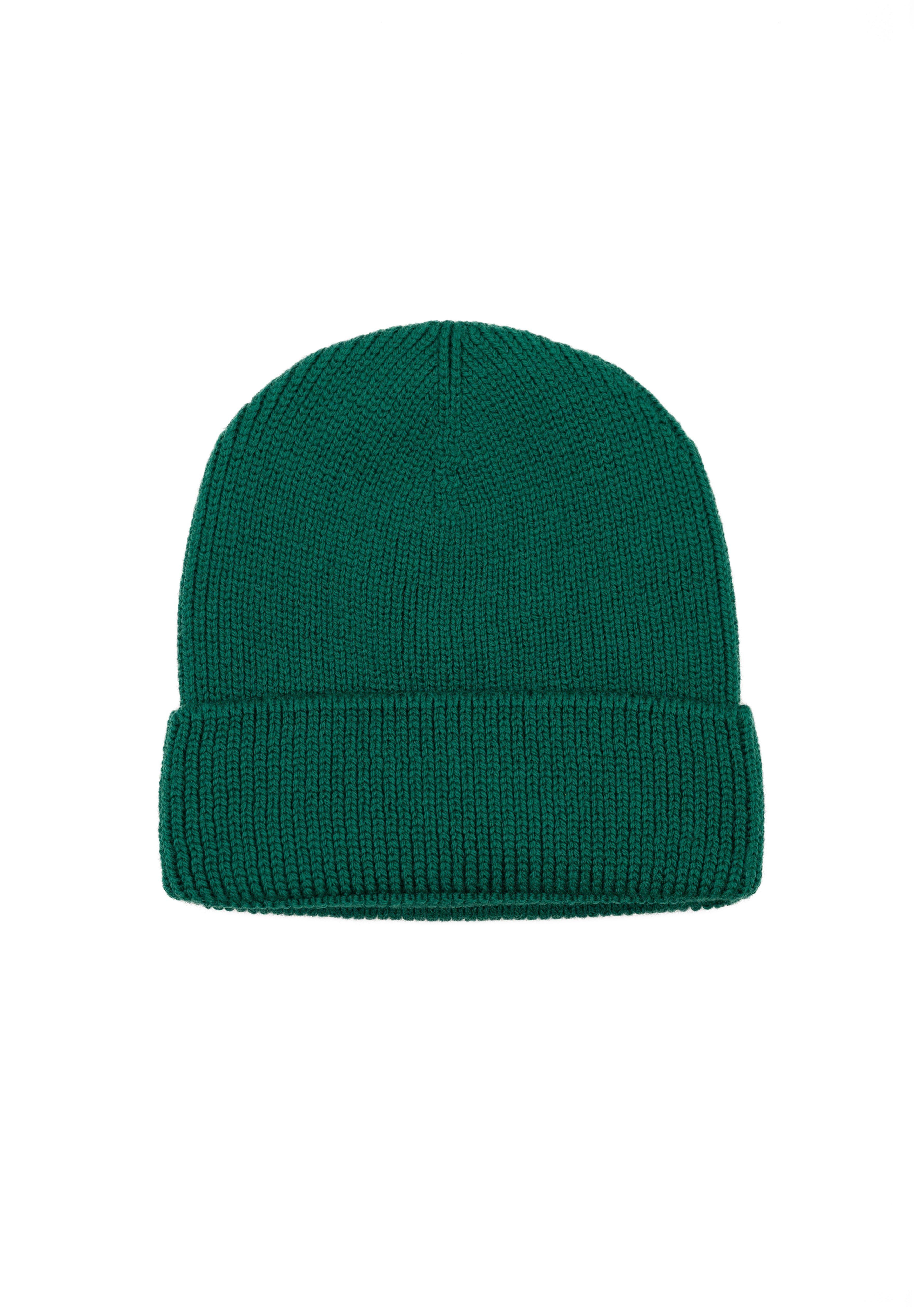 Kids merino wool beanie in pine green, back view showing ribbed knit construction
