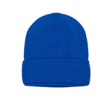 Kids merino wool beanie in electric blue, back view showing ribbed knit construction