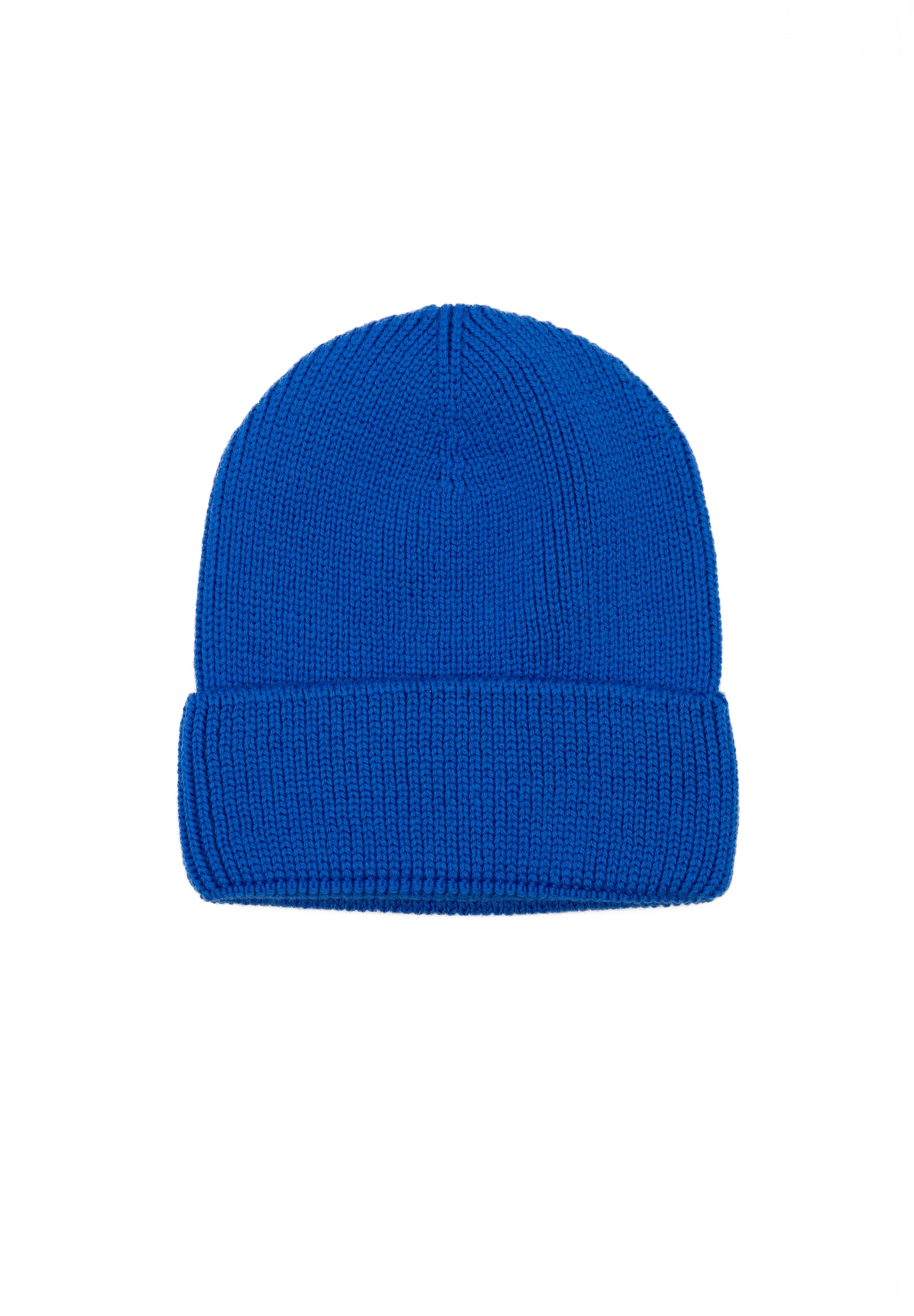 Kids merino wool beanie in electric blue, back view showing ribbed knit construction