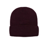 Kids merino wool beanie in burgundy, back view showing ribbed knit construction