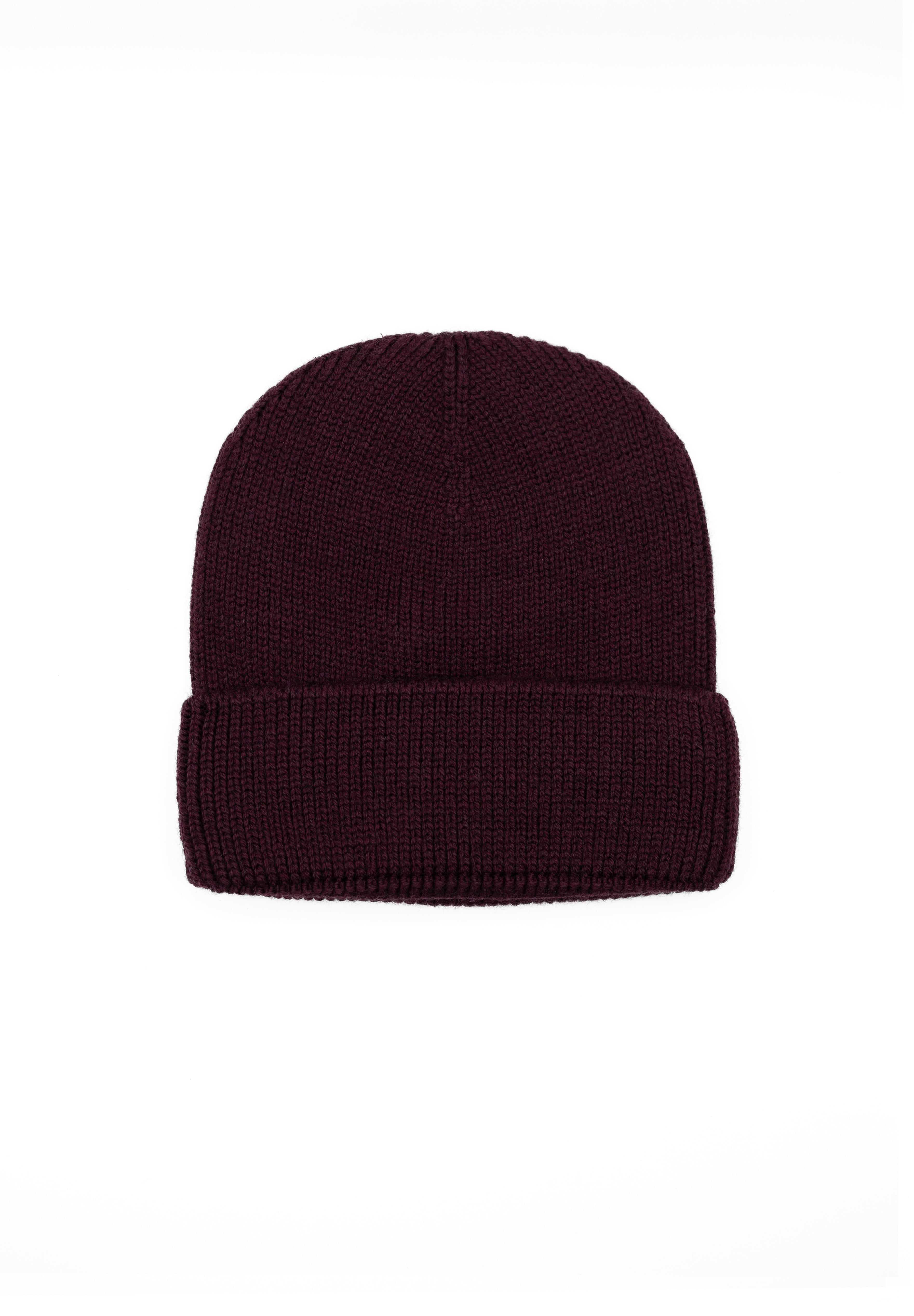 Kids merino wool beanie in burgundy, back view showing ribbed knit construction