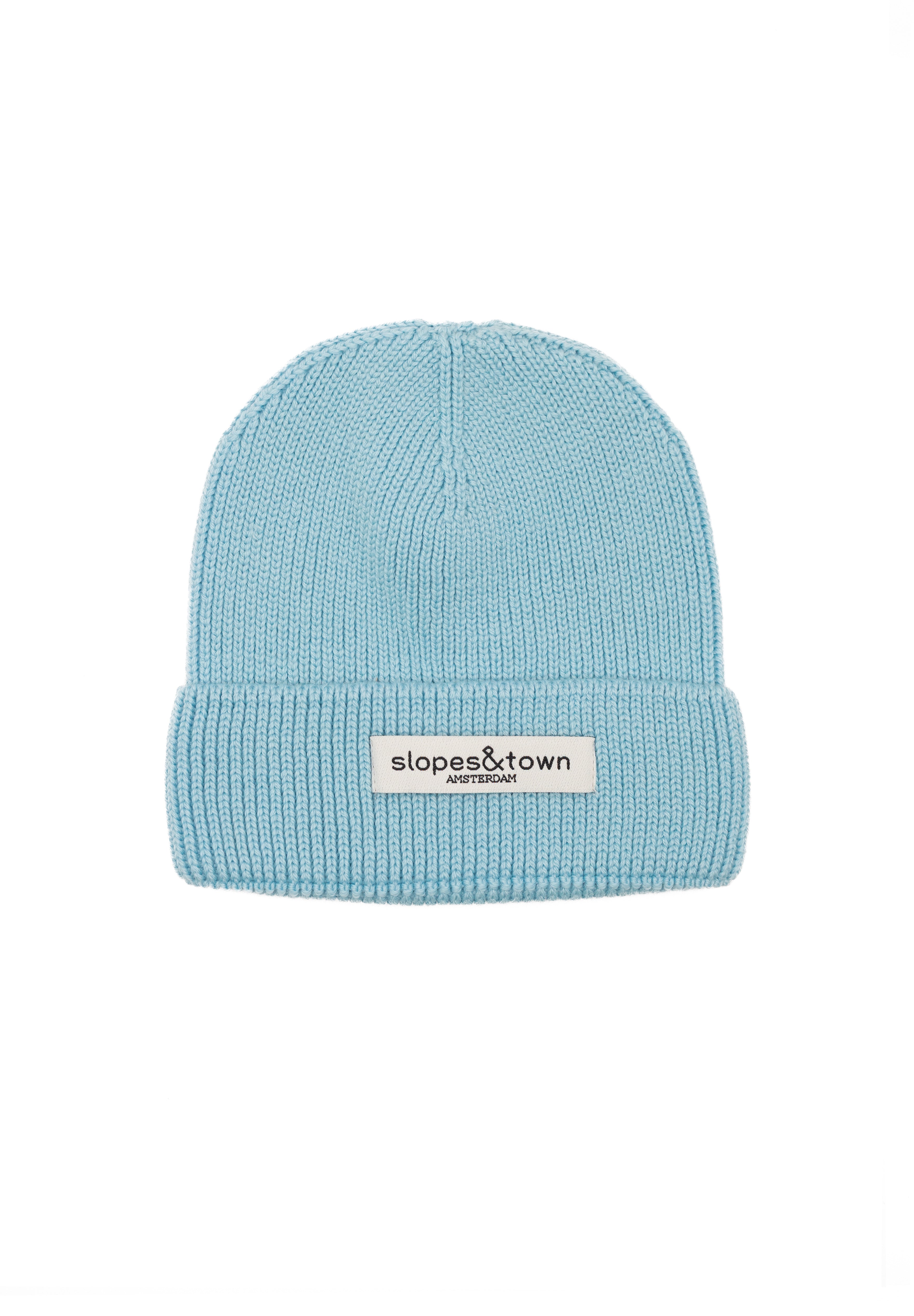 Kids merino wool beanie in light blue, front view with Slopes and Town Amsterdam woven label