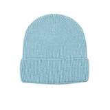 Kids merino wool beanie in light blue, back view showing ribbed knit construction