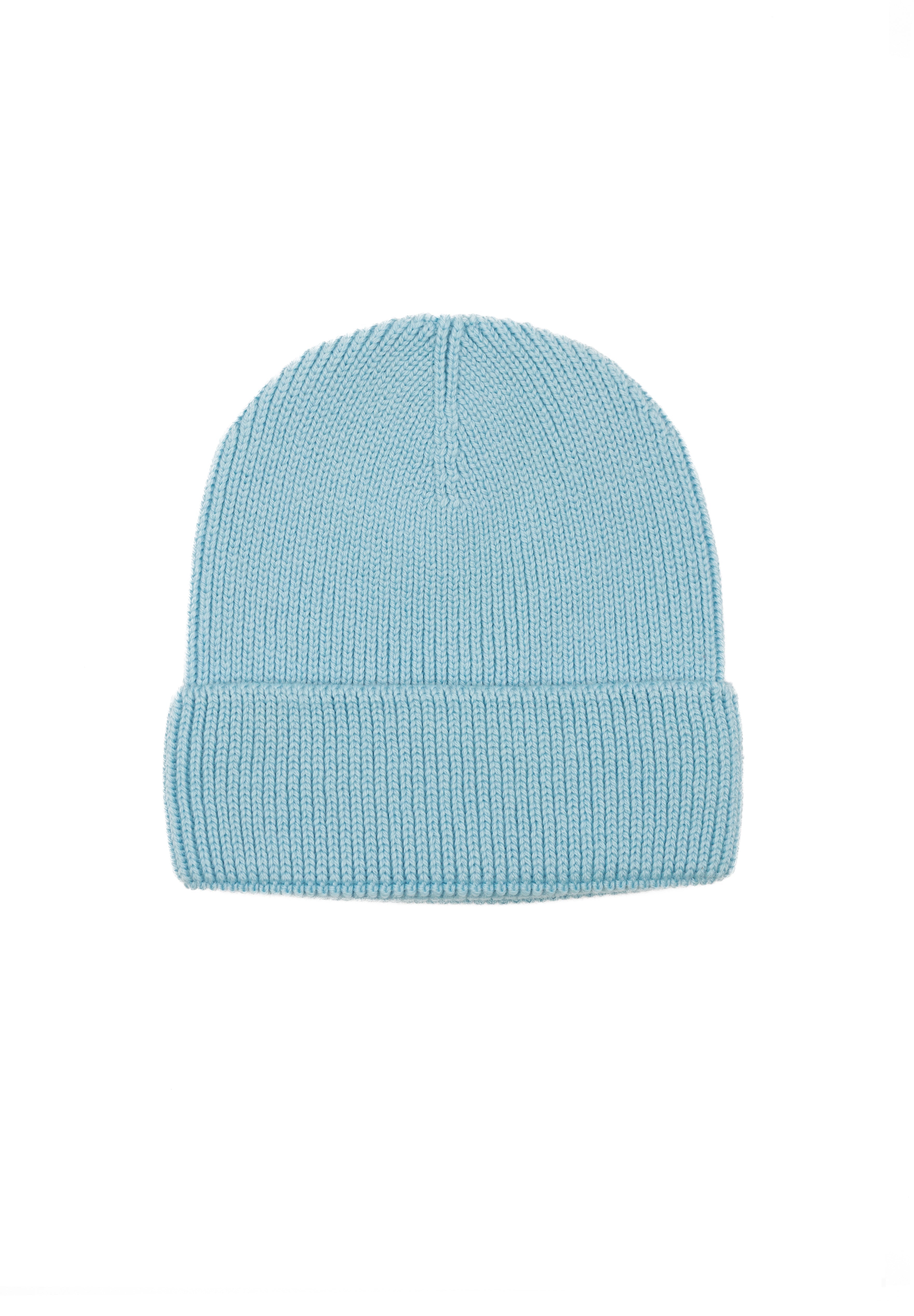 Kids merino wool beanie in light blue, back view showing ribbed knit construction