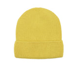 Kids merino wool beanie in lemon yellow, back view showing ribbed knit construction"