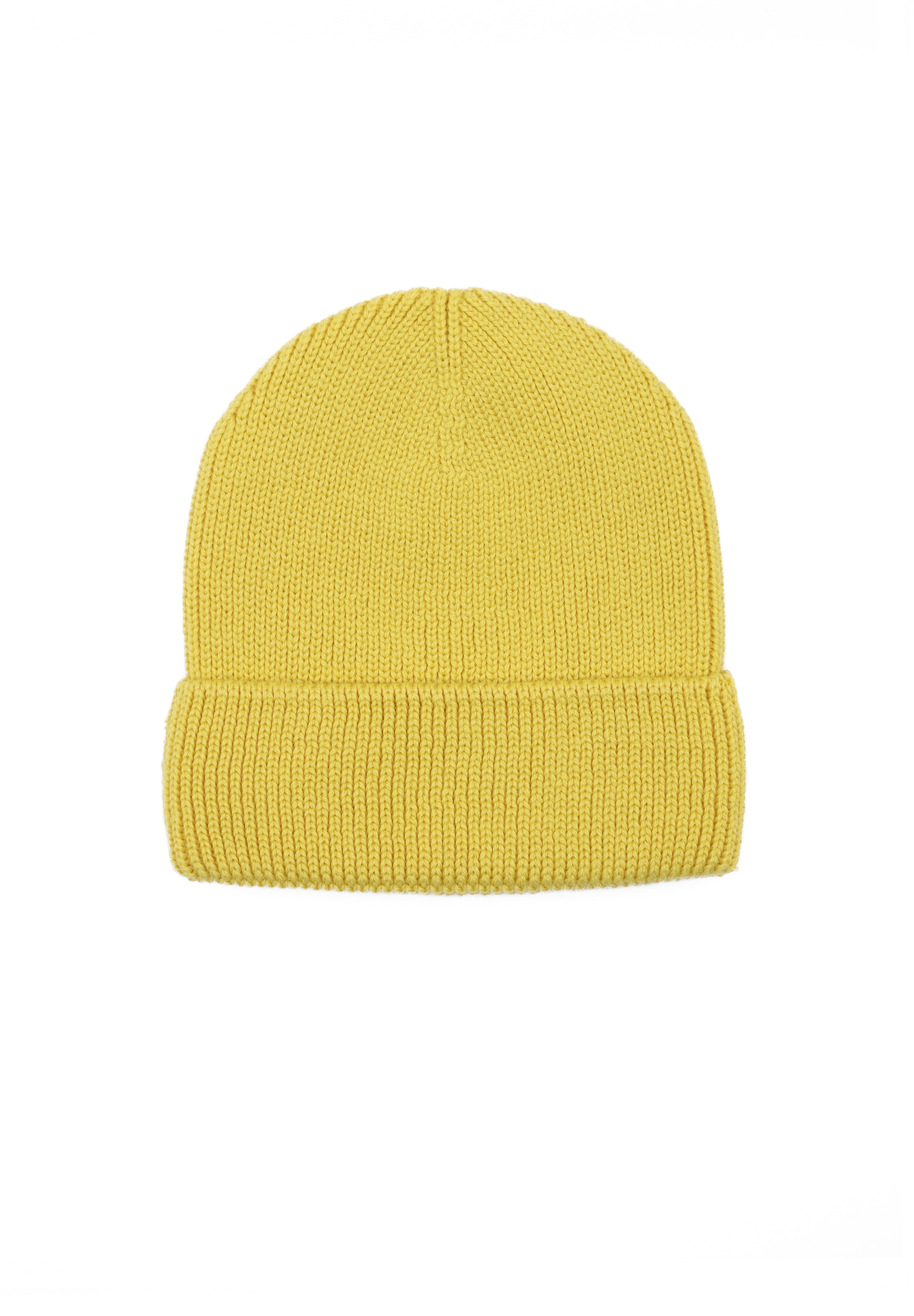 Kids merino wool beanie in lemon yellow, back view showing ribbed knit construction"