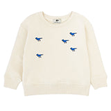 Kids' beige organic cotton sweatshirt with embroidered dinosaur design, front view